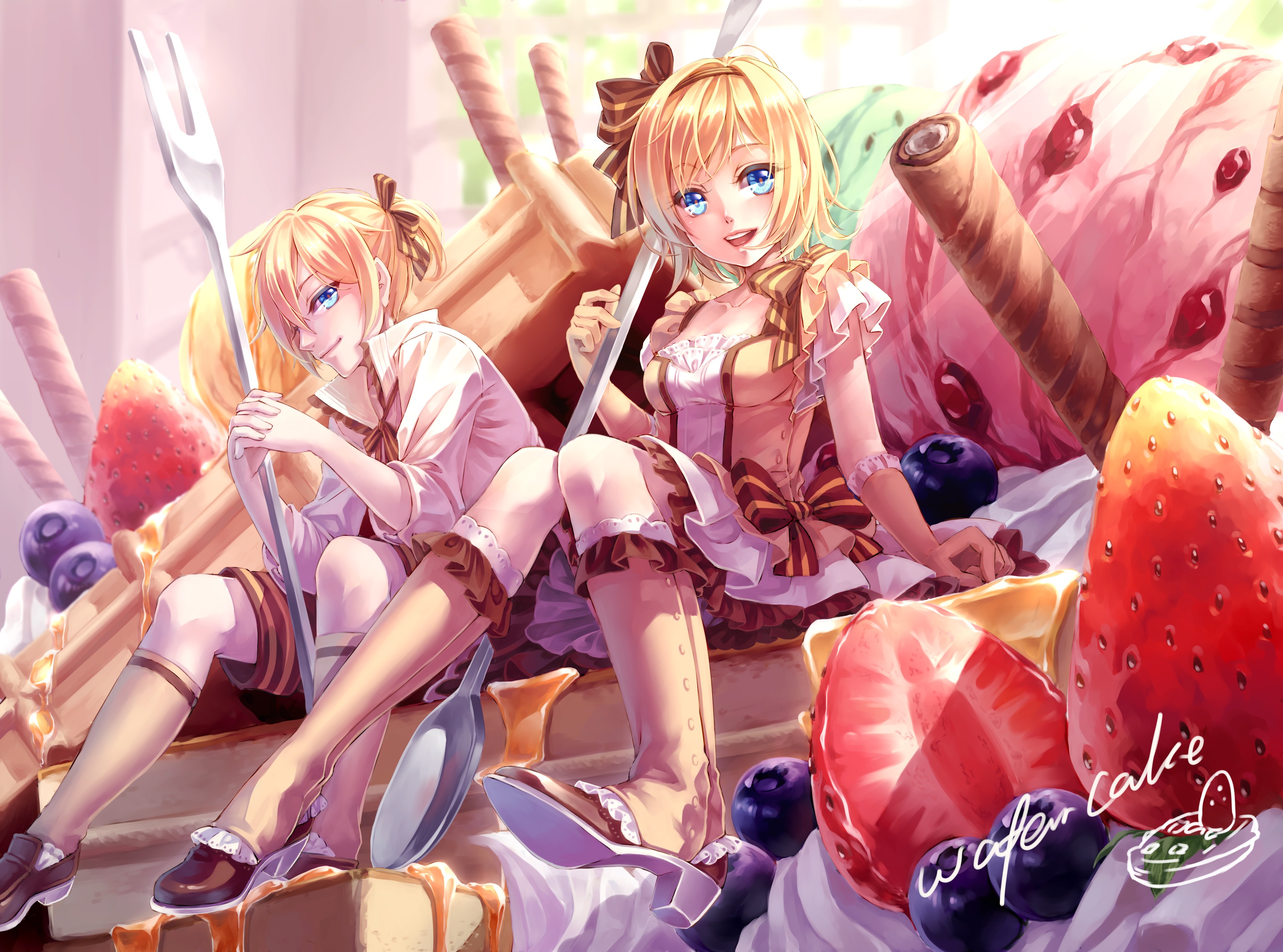 Anime 3437x2551 Vocaloid Kagamine Len Kagamine Rin candy anime anime girls anime boys blue eyes blonde knees together sitting looking at viewer