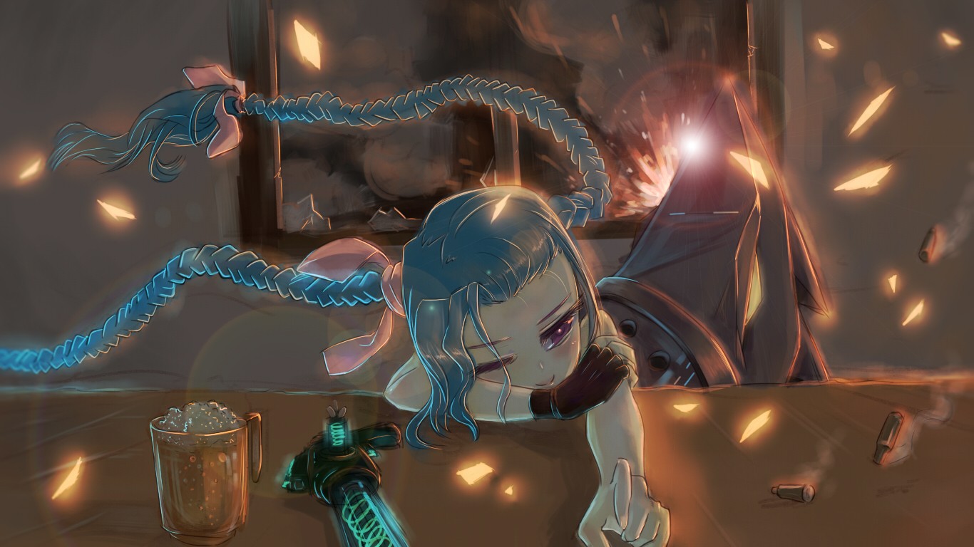 General 1366x768 Jinx (League of Legends) League of Legends artwork video games anime girls anime video game girls Pixiv video game art PC gaming purple eyes drinking glass blue hair long hair video game characters