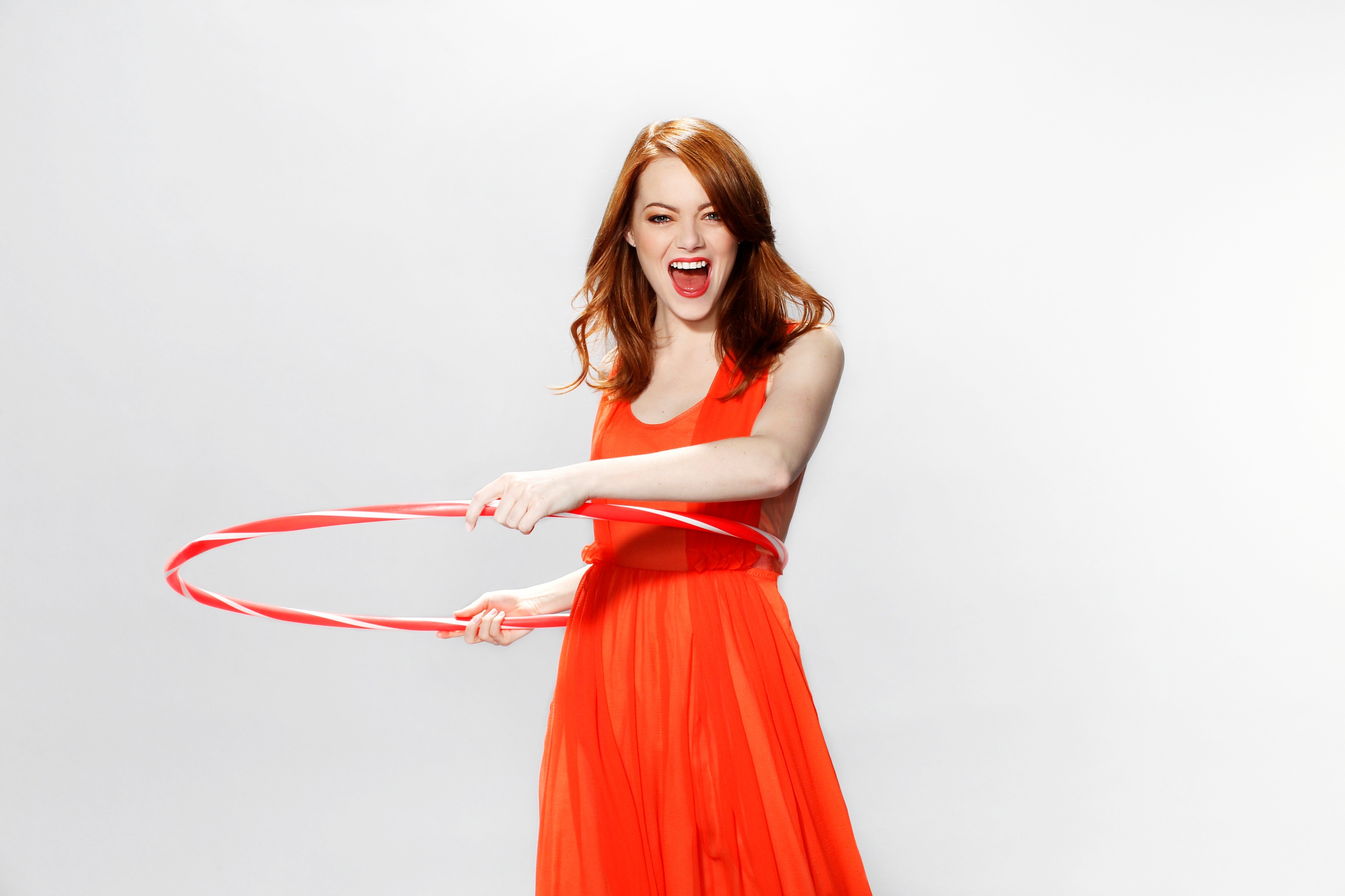 People 4410x2940 Emma Stone actress women celebrity simple background open mouth dress red dress red lipstick women indoors indoors looking at viewer white background standing redhead hula hoop