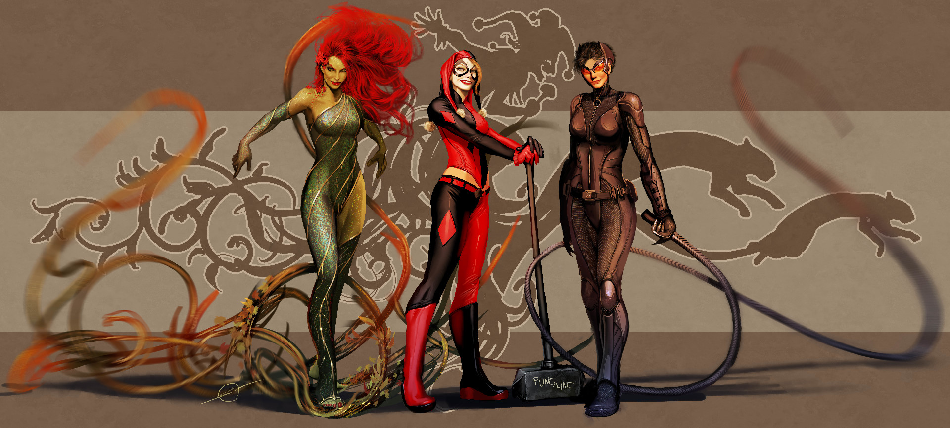 General 1920x866 Nebezial Harley Quinn Poison Ivy Catwoman artwork DeviantArt fantasy art group of women redhead digital art ultrawide