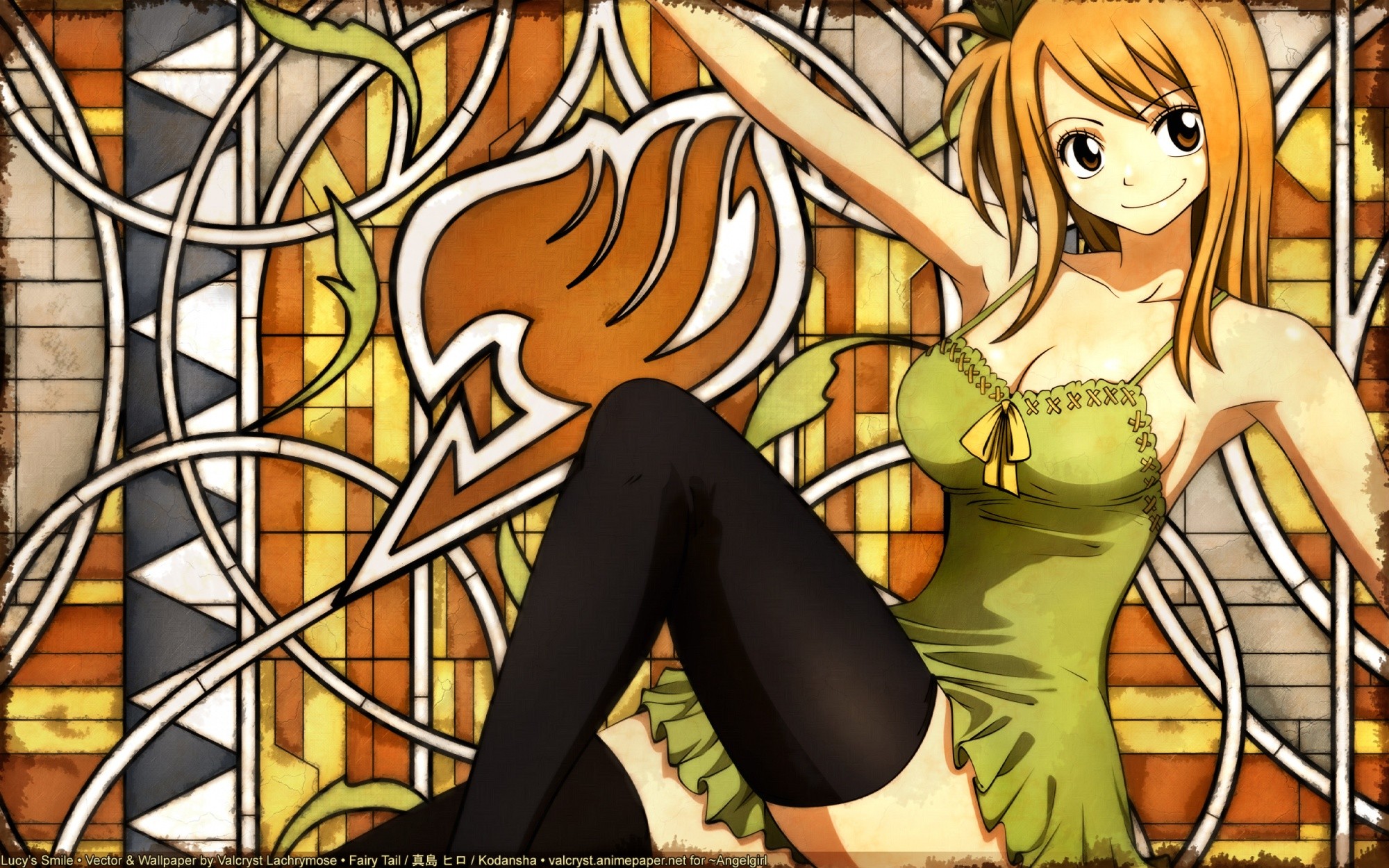 Anime 2000x1250 Heartfilia Lucy  Fairy Tail anime girls anime stockings blonde legs black stockings smiling arms up looking at viewer underwear