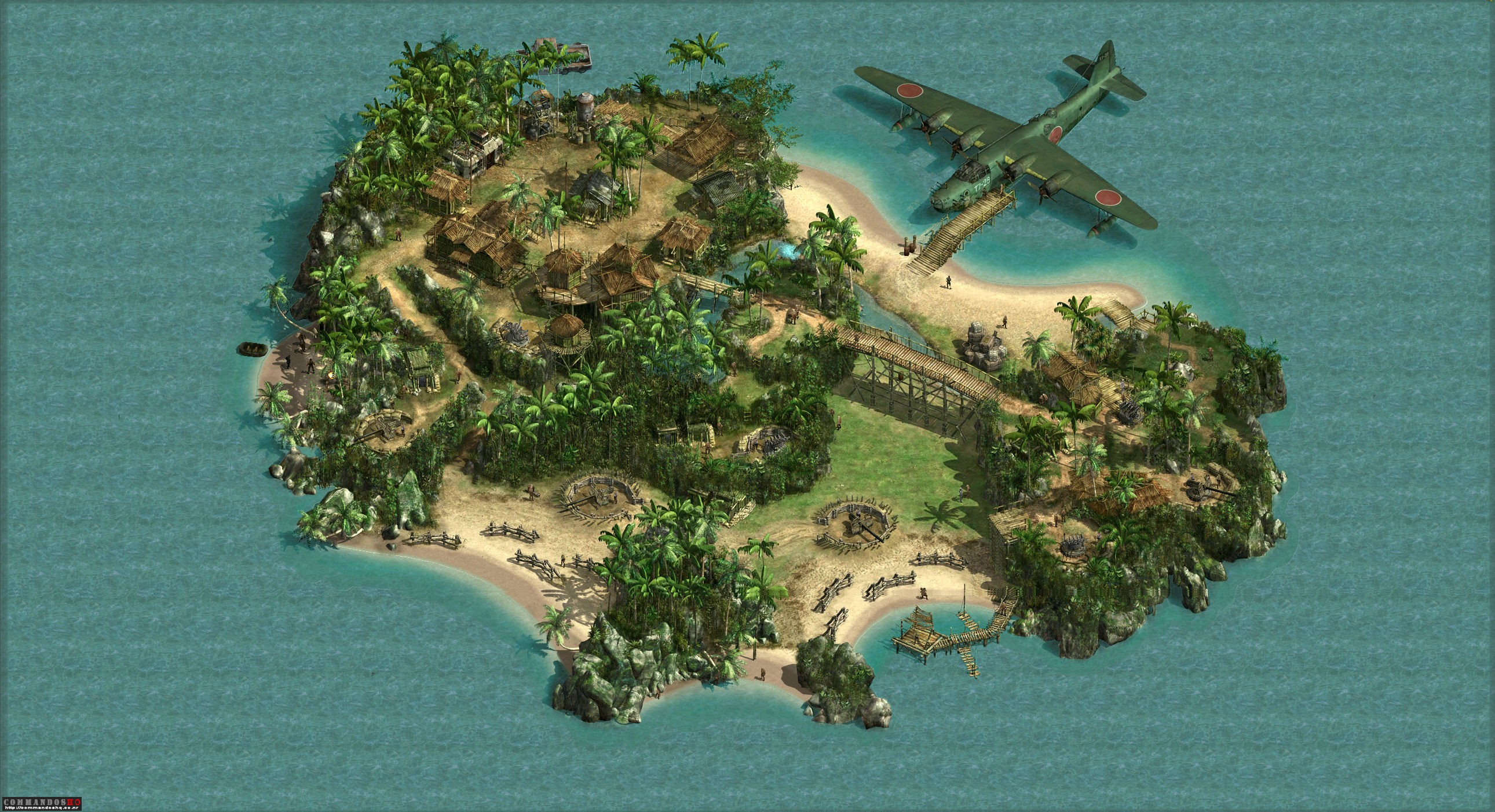 General 2581x1402 retro games video games video game art Commandos (Game) island aerial view airplane palm trees