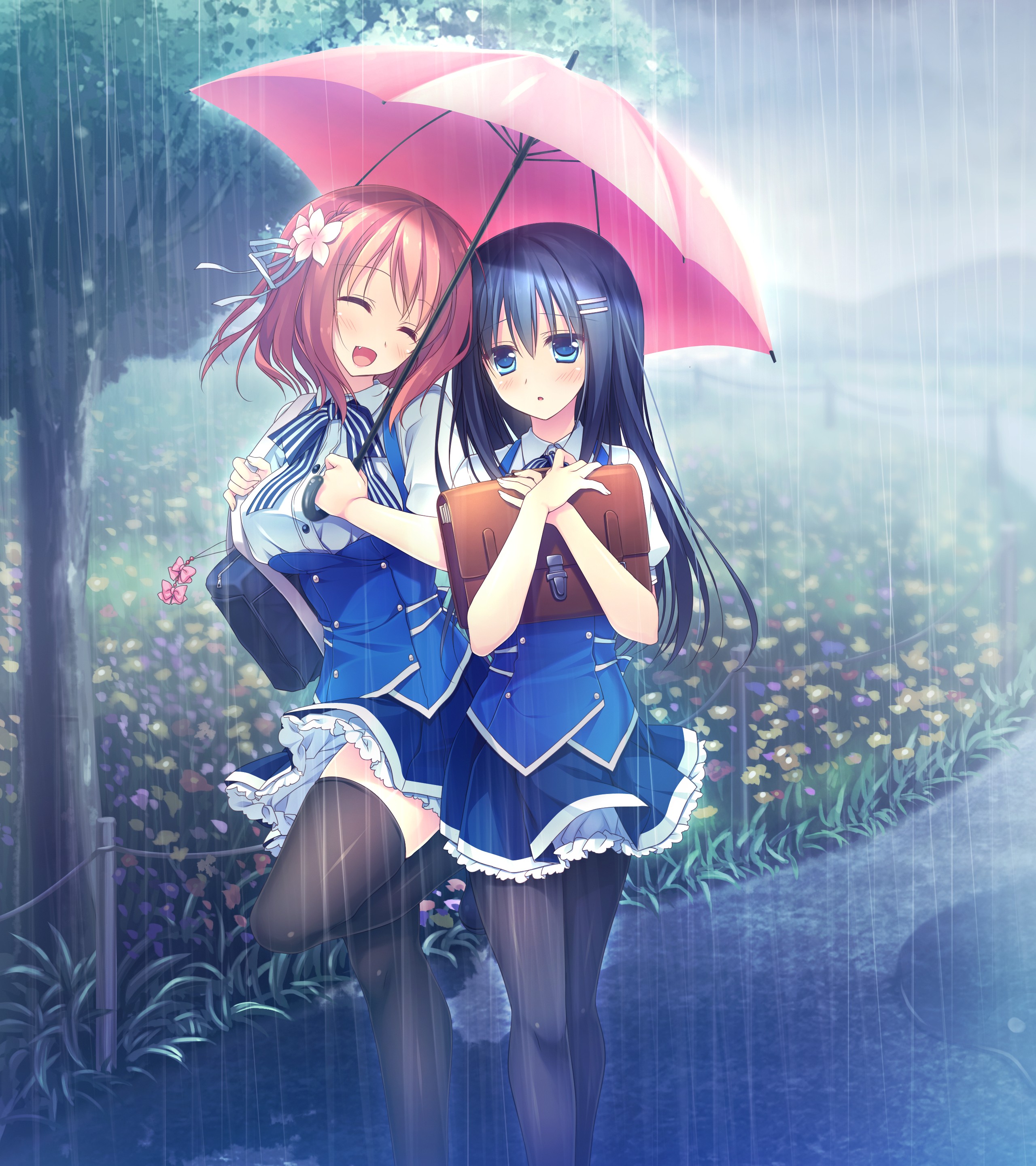 Anime 2560x2880 Kimi no Tonari de Koishiteru! Hoshino Nagisa Komatsu Rina rain flowers trees school uniform thigh-highs umbrella anime girls anime two women women with umbrella