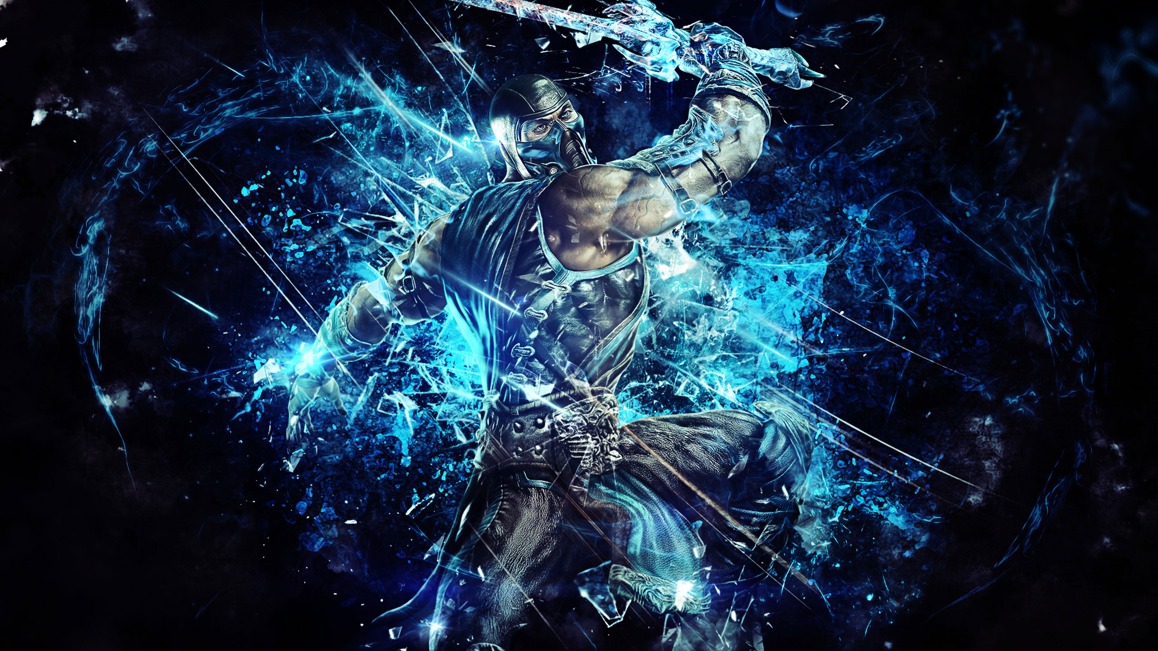 General 3840x2160 video games cyan blue Mortal Kombat video game men video game art video game warriors Sub-Zero (Mortal Kombat) video game characters weapon sword mask digital art