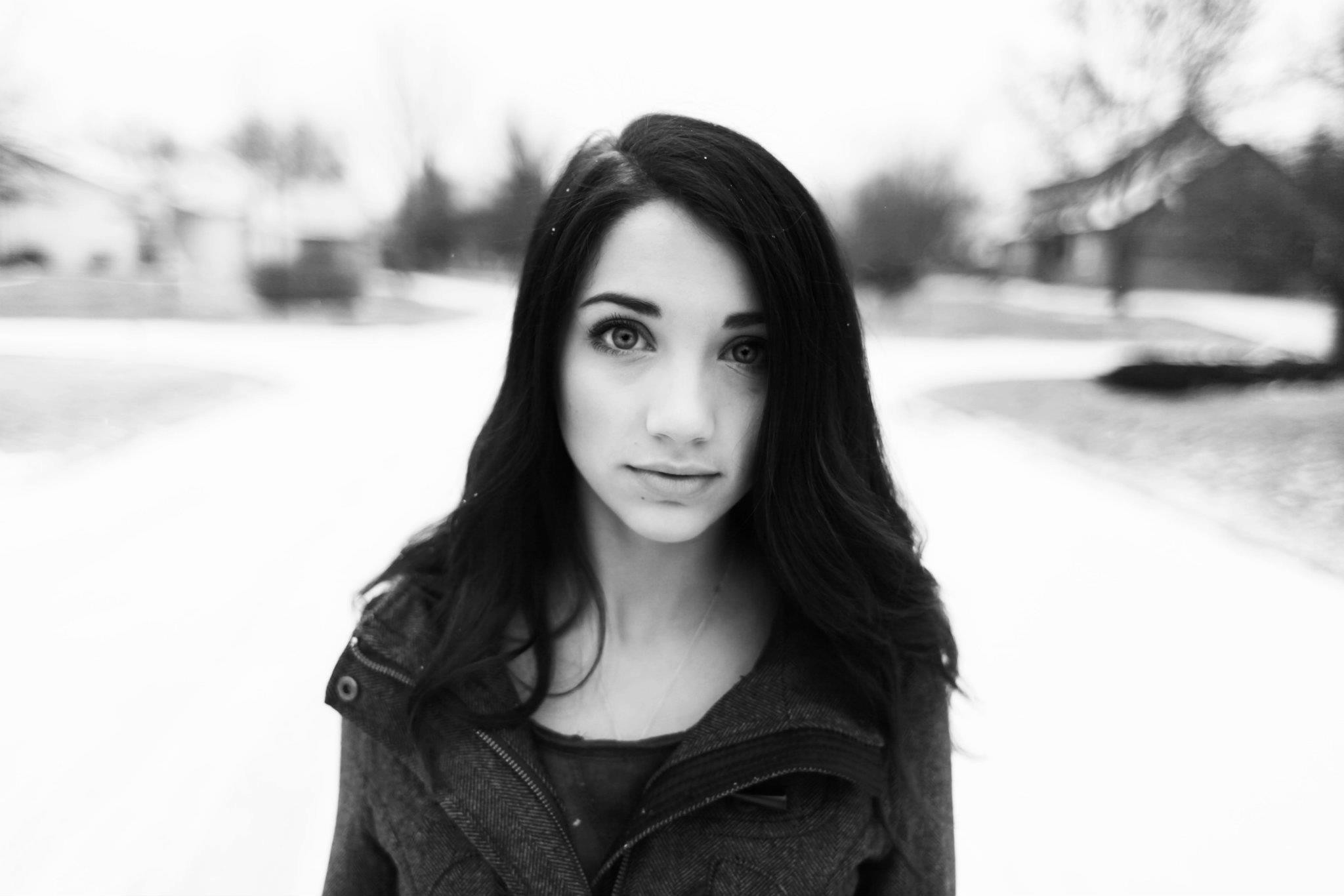 People 2048x1366 women monochrome dark hair snow sepia long hair Emily Rudd women outdoors looking at viewer celebrity actress black hair frontal view portrait