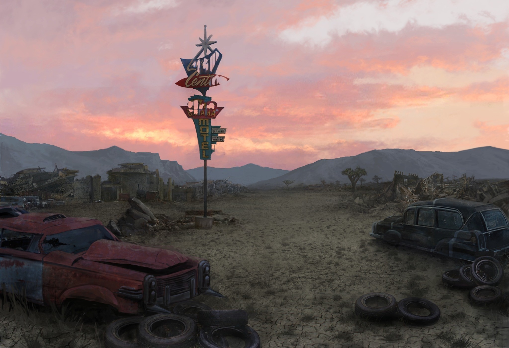 General 2048x1402 video games Fallout Fallout: New Vegas PC gaming video game art car vehicle wreck apocalyptic tires
