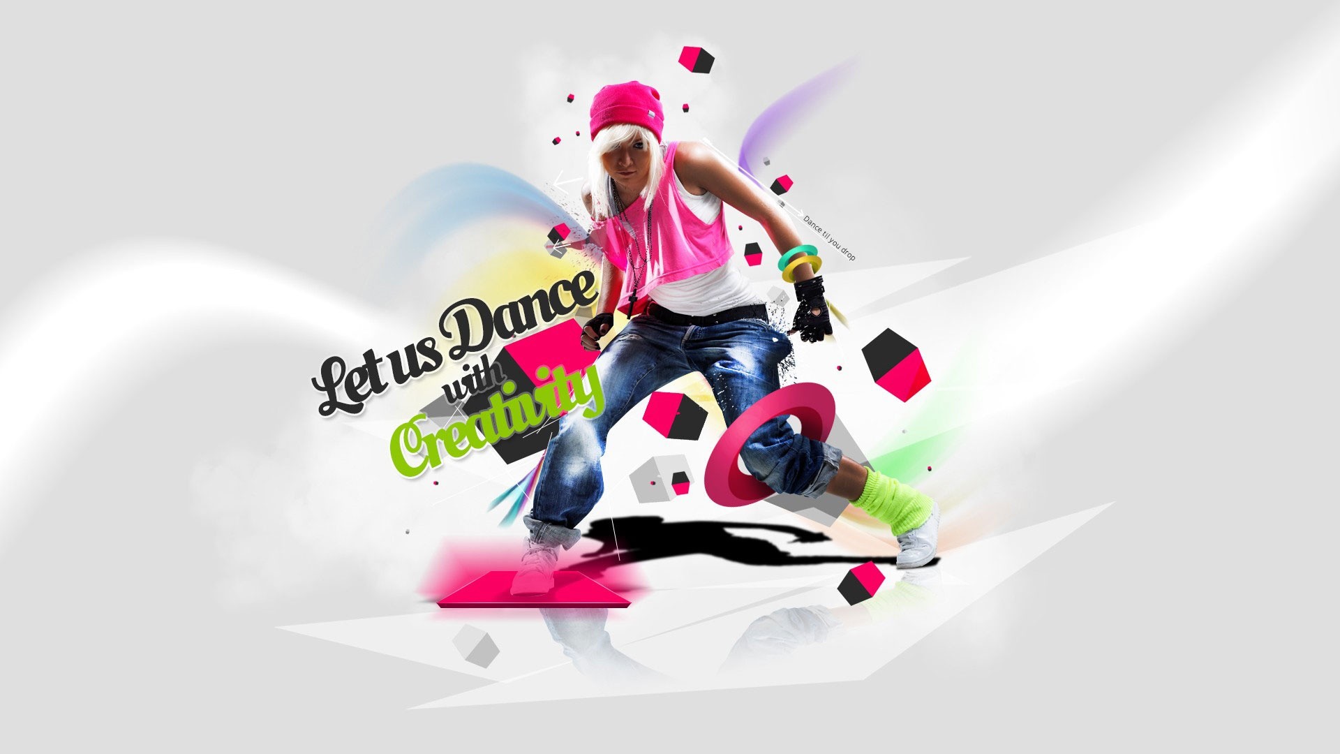 General 1920x1080 women colorful shapes dancer simple background white background hat looking at viewer jeans blonde digital art