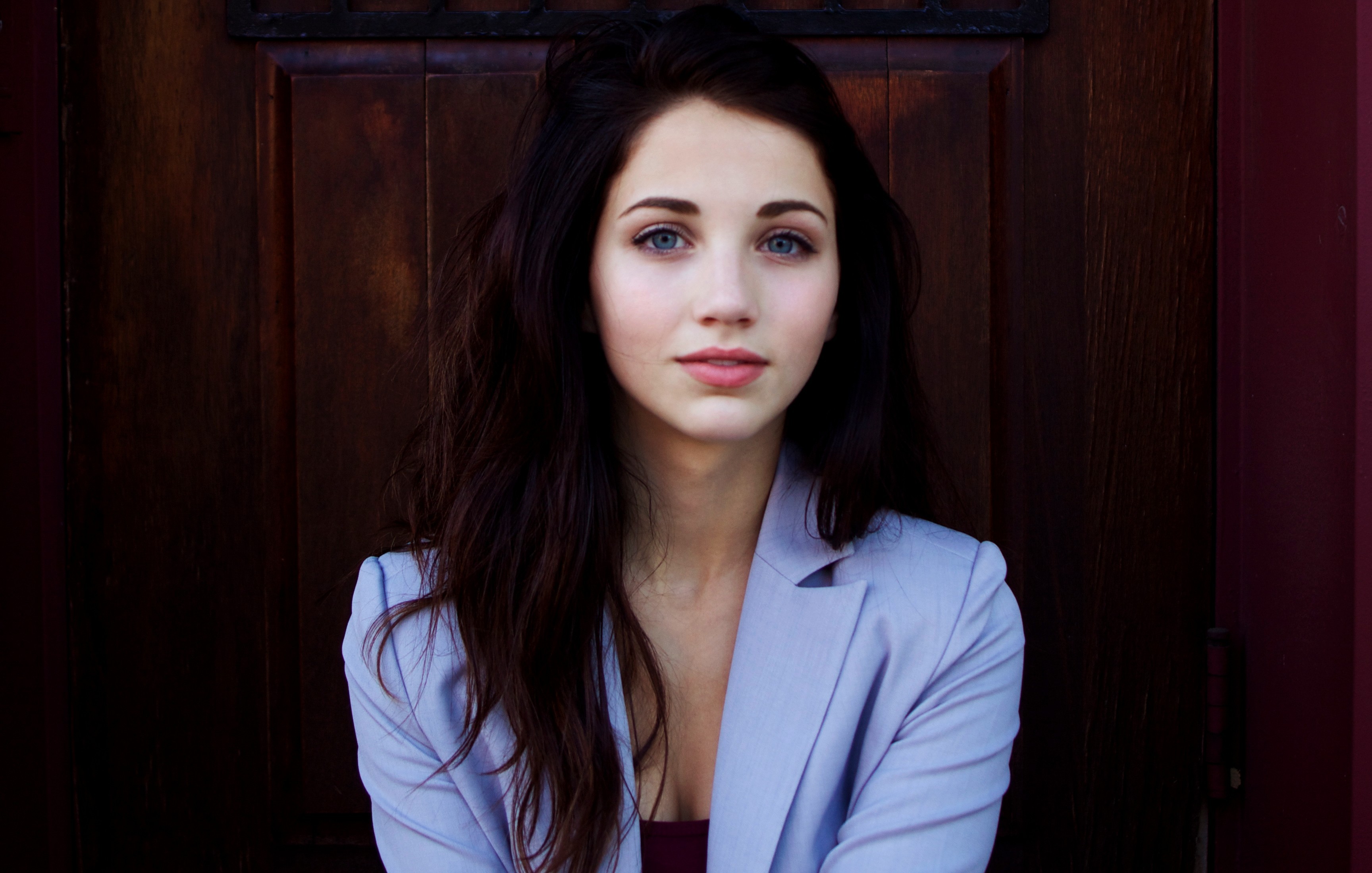 People 3456x2200 face blue eyes Emily Rudd women model brunette white jacket long hair celebrity actress looking at viewer