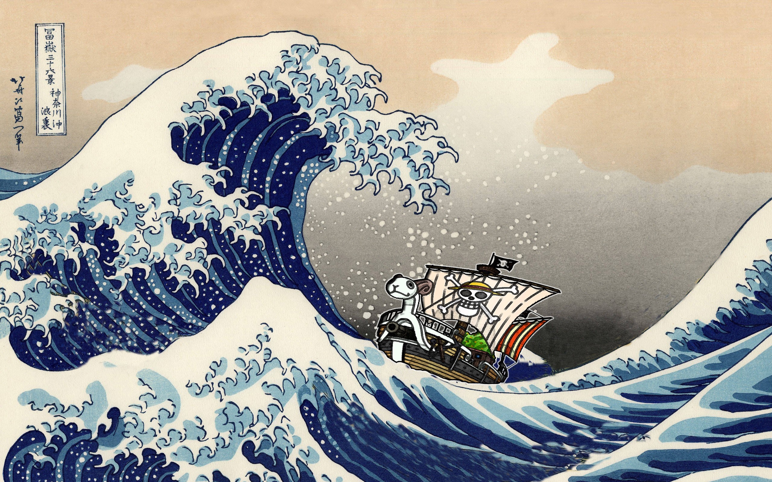 General 2560x1600 The Great Wave of Kanagawa anime Asia waves artwork sea Japan ship One Piece digital art