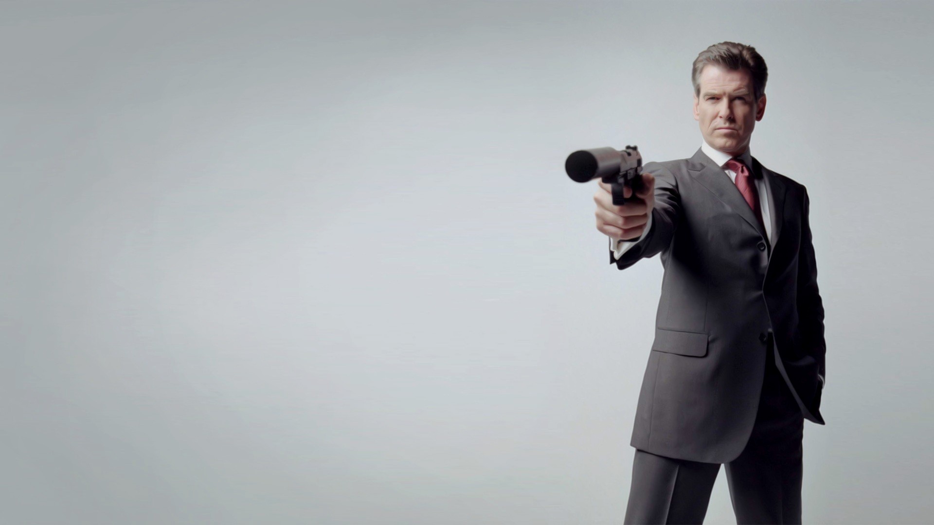 People 1920x1080 Pierce Brosnan movies Walther P99 suppressors gun weapon James Bond tie suits simple background men actor