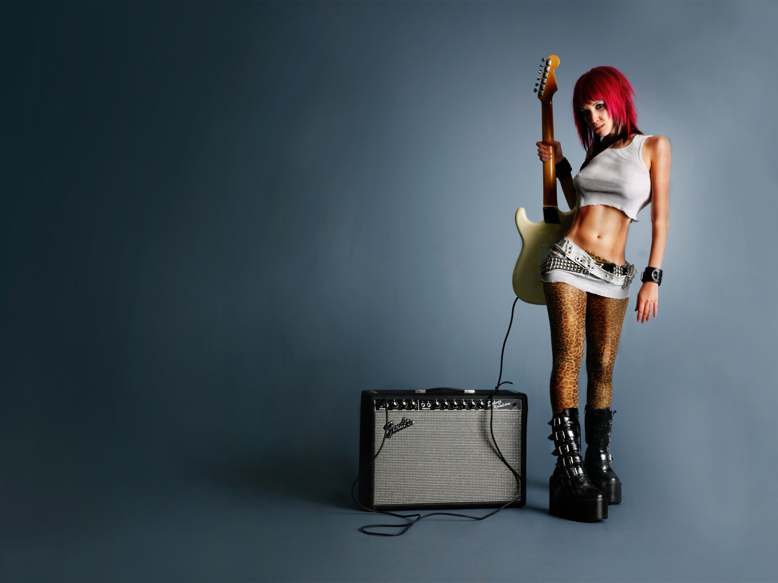 People 1600x1200 women guitar boots belly musician musical instrument boobs redhead studio women indoors indoors dyed hair legs simple background
