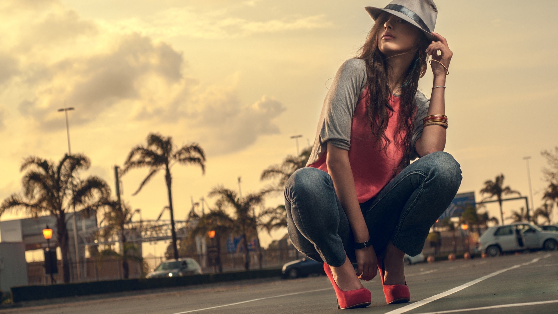 People 1920x1080 high heels urban bracelets hat kneeling squatting heels red heels women outdoors women model parking lot