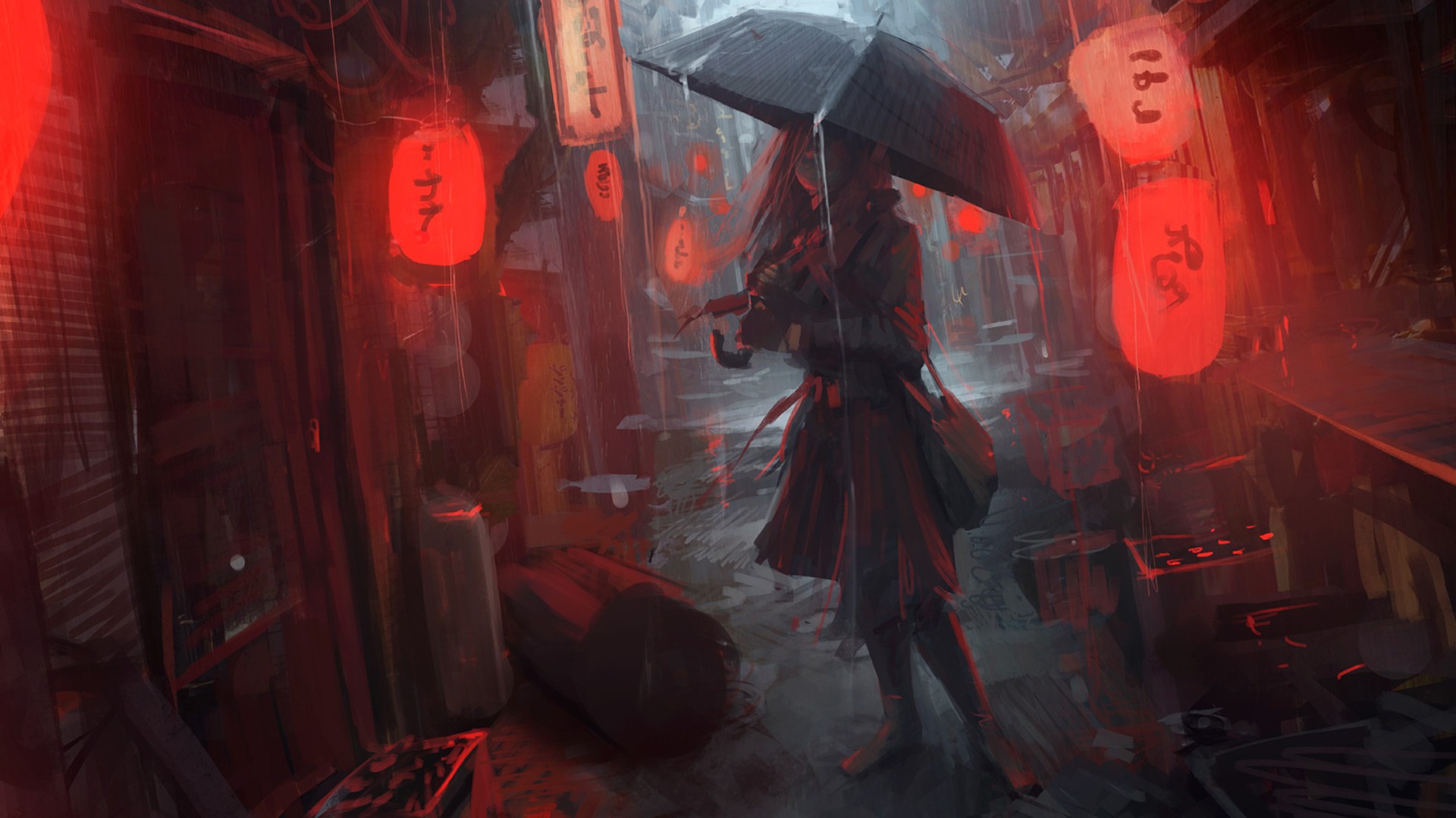 Anime 1920x1080 artwork anime girls anime rain lantern umbrella Andree Wallin red alleyway