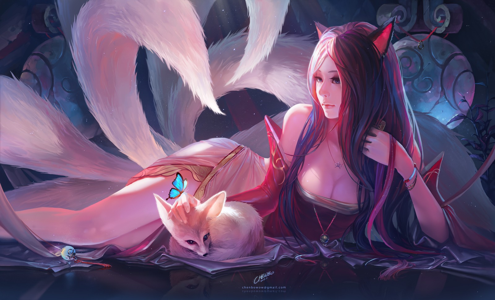Anime 1600x972 Chenbo fantasy girl fantasy art pointy ears animal ears cat girl artwork DeviantArt boobs cleavage tail animals necklace Asian long hair butterfly insect mammals lying down