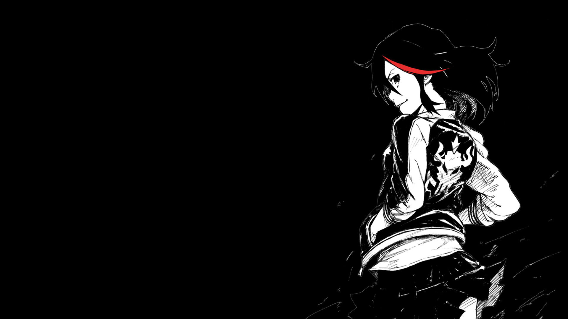 Anime 1920x1080 simple background anime black background smiling selective coloring standing looking back Kill la Kill Matoi Ryuuko anime girls looking at viewer skirt hands in pockets jacket
