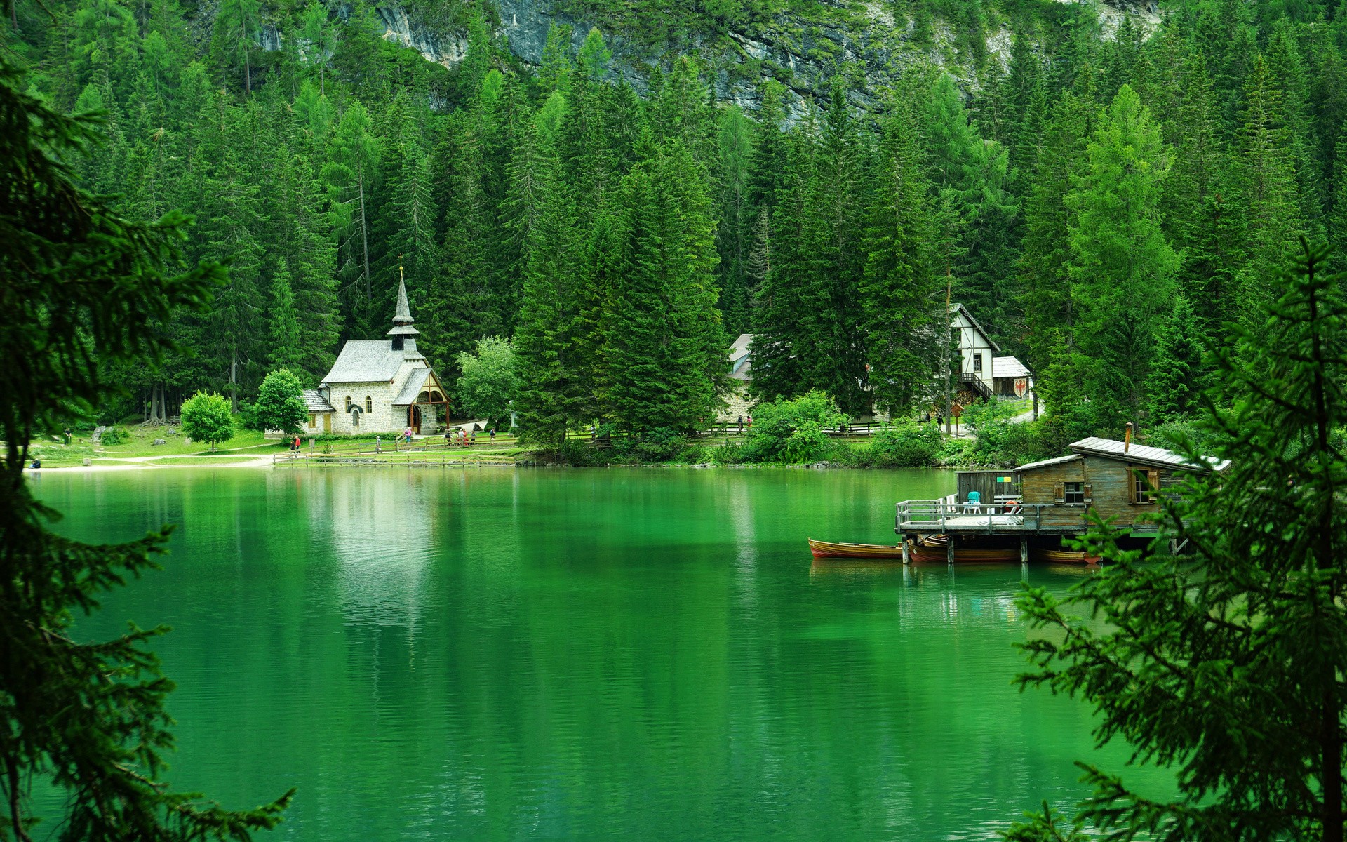 General 1920x1200 nature landscape mountains trees forest house lake Italy church rocks boat reflection green Pragser Wildsee South Tyrol Alps