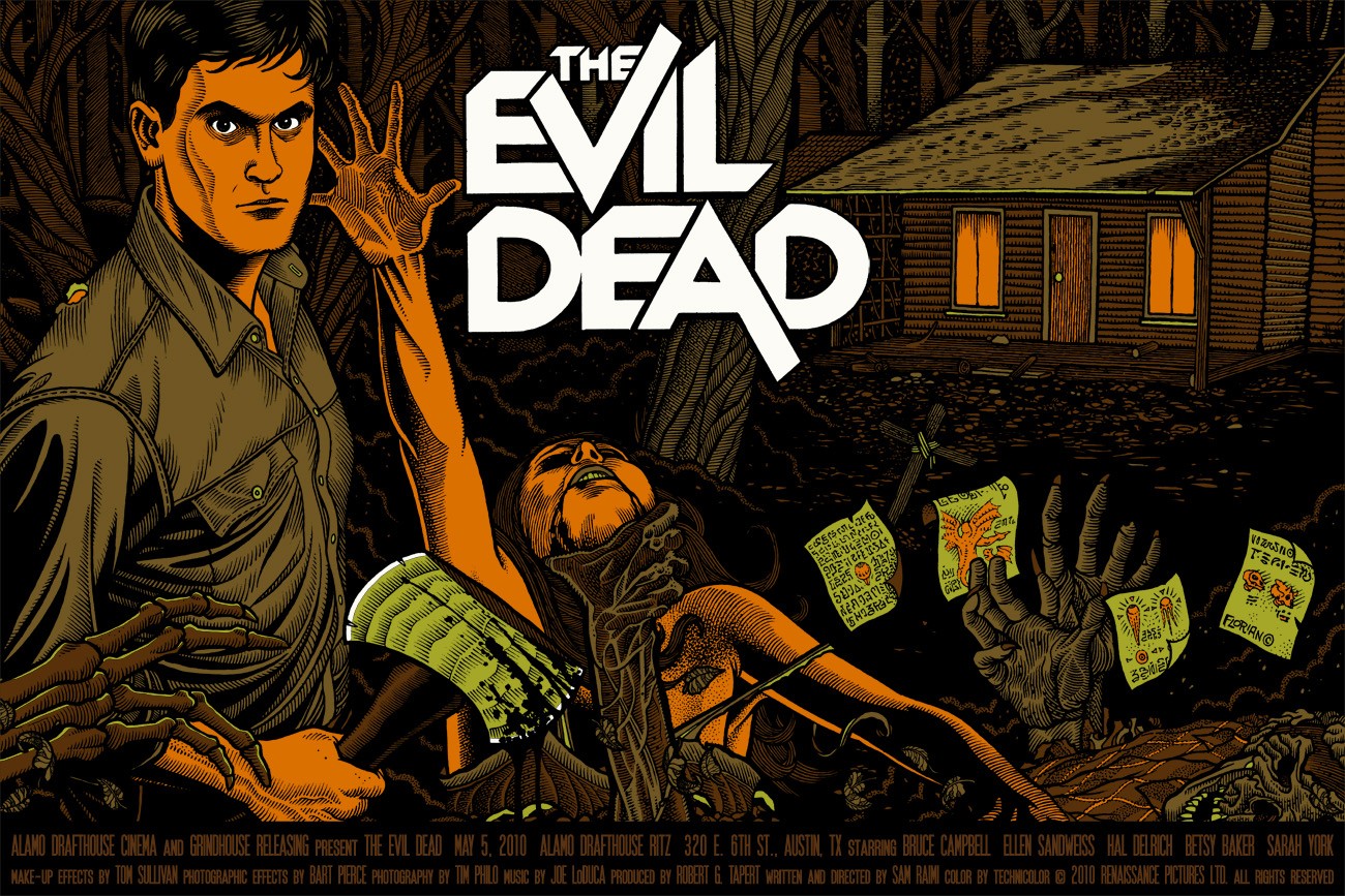 General 1300x867 Evil Dead artwork movies movie poster Bruce Campbell horror brown digital art text looking at viewer axes hands paper cabin trees forest