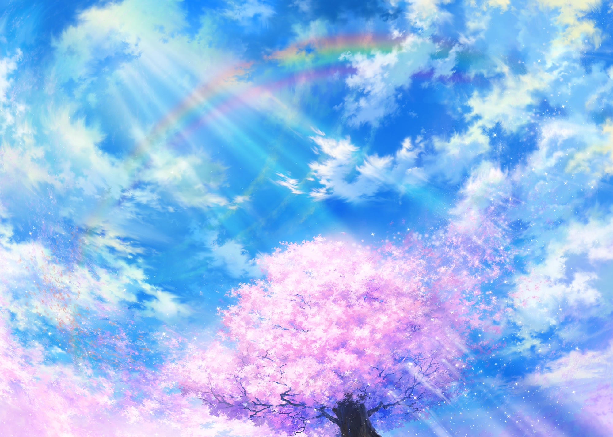 Anime 2000x1426 anime landscape sky trees clouds sun rays Iy Tujiki