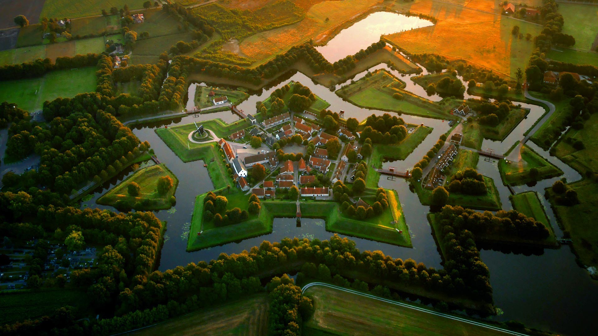 General 1920x1080 Netherlands landscape nature trees villages sunset Europe aerial view field Bourtange Groningen
