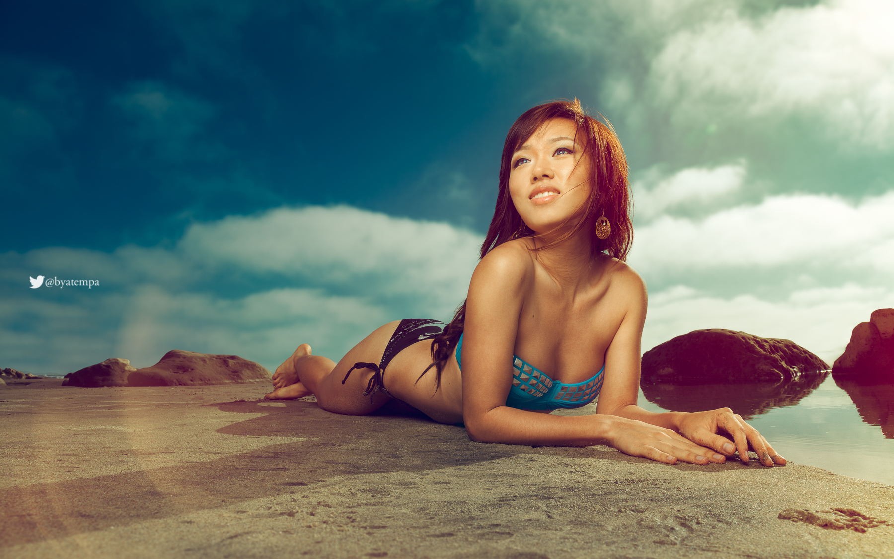 People 1800x1125 women model bikini sand Asian smiling Rafael Atempa lying on front women outdoors sky
