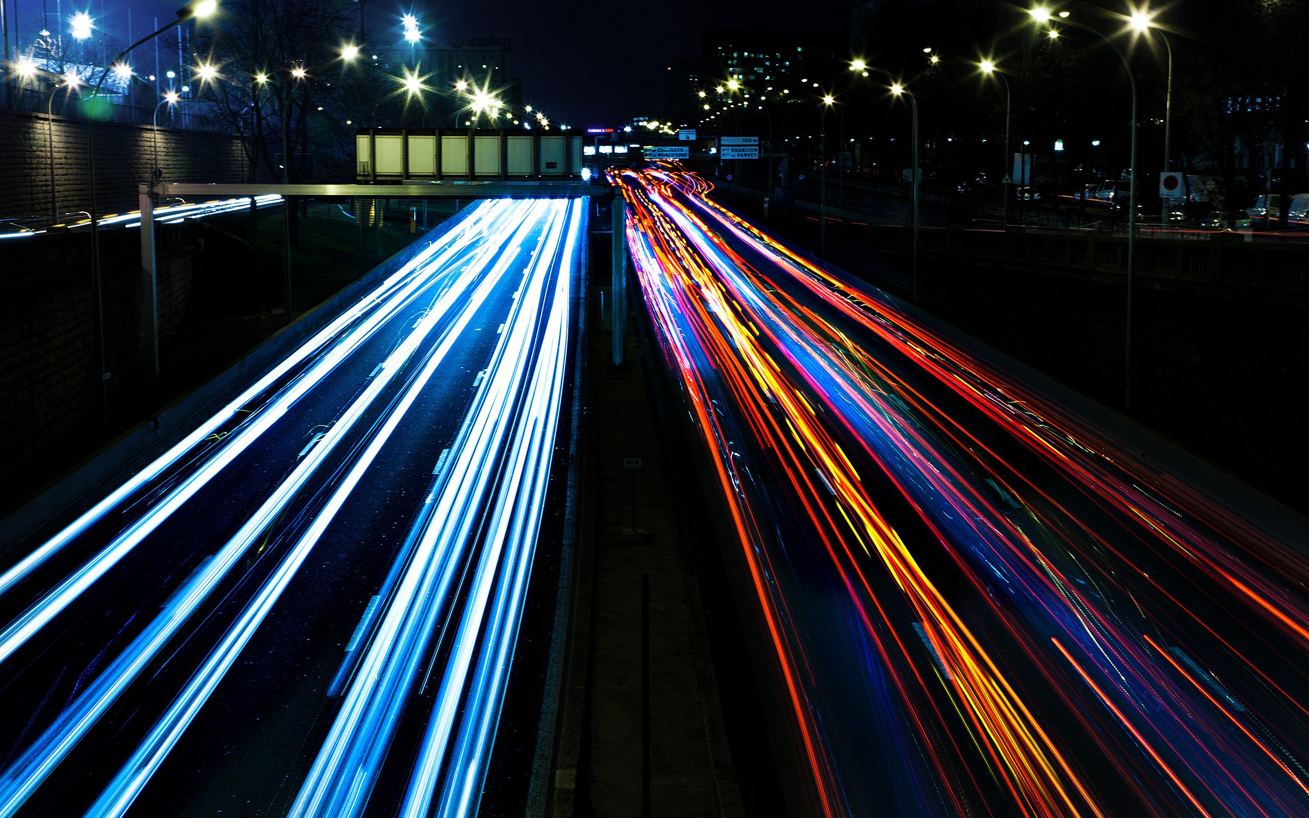 General 2560x1600 light trails street light France road urban city long exposure night lights blue