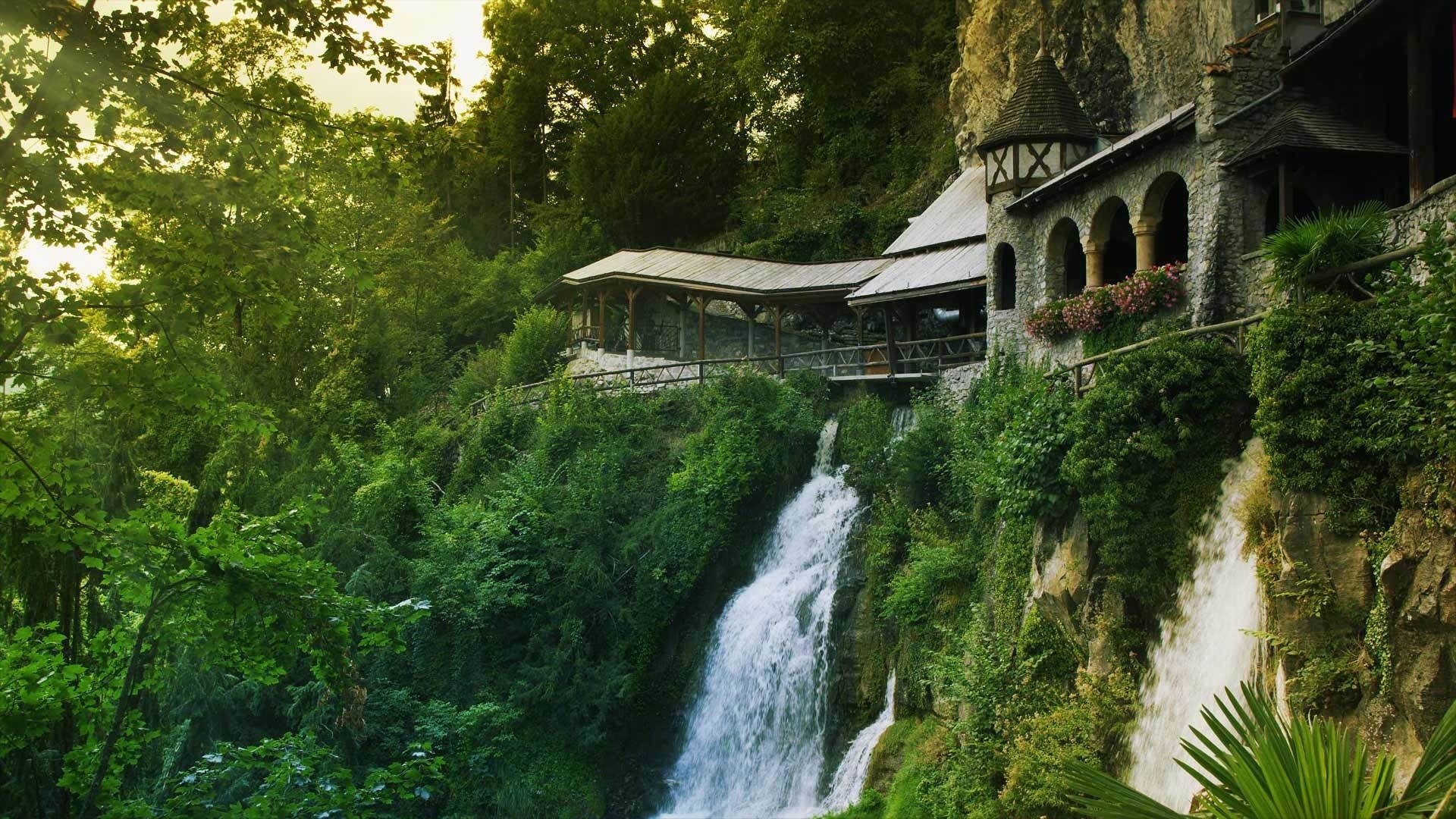 General 1920x1080 nature architecture trees forest old building waterfall cliff Switzerland rocks arch