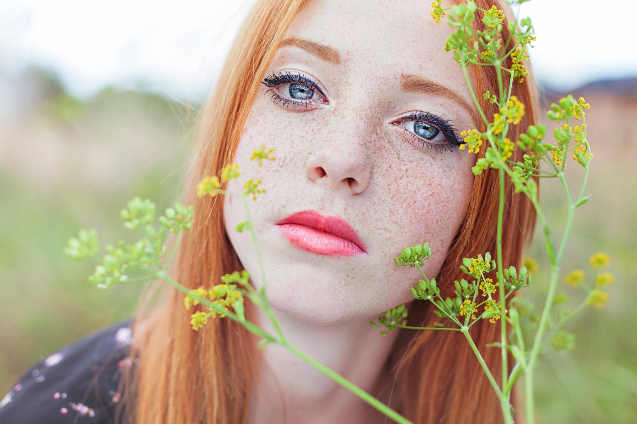 People 2048x1365 women outdoors model face redhead women long hair looking at viewer nature blue eyes freckles plants red lipstick depth of field closeup