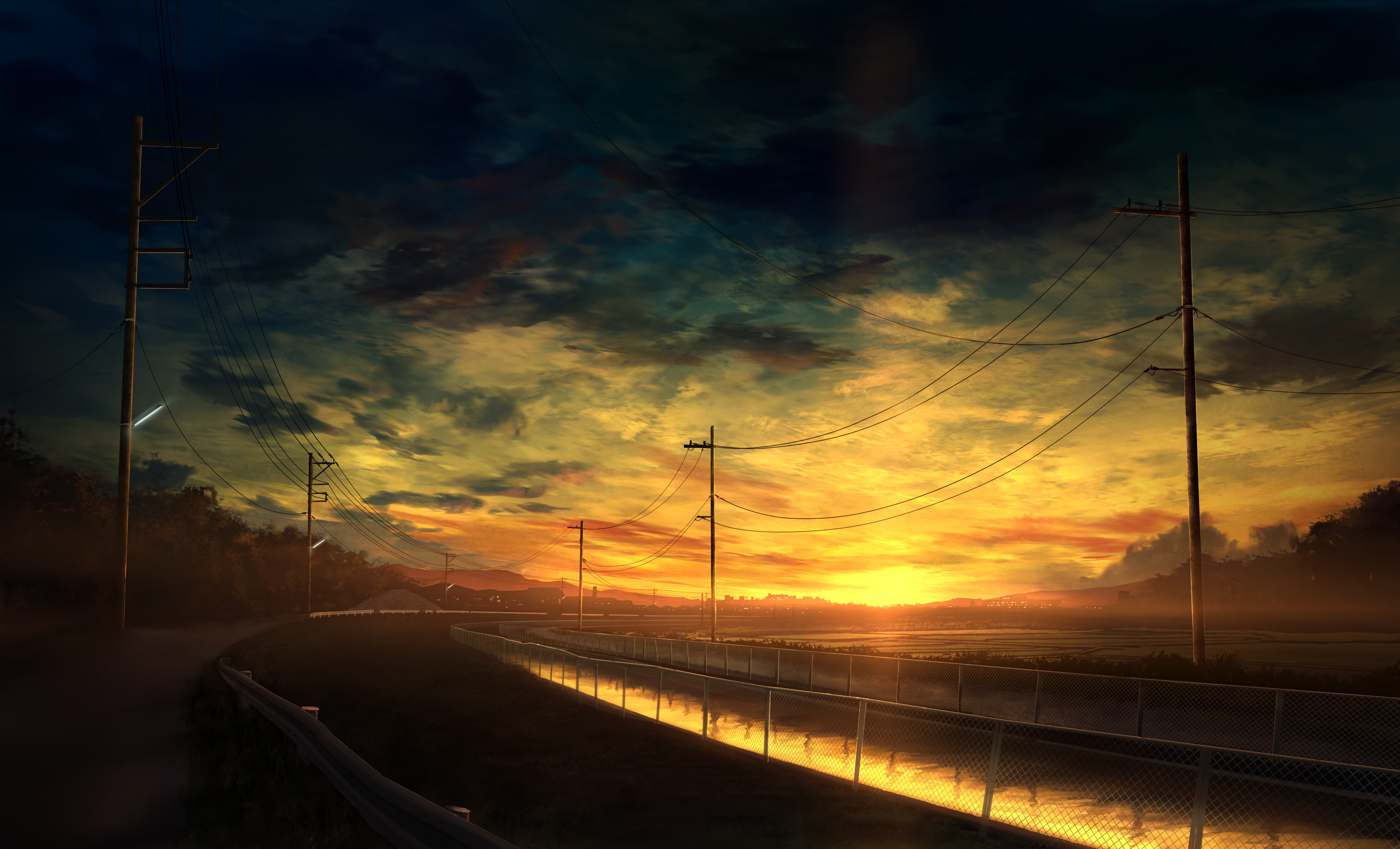 Anime 3300x2000 sunset road anime utility pole fence power lines sky orange sky outdoors