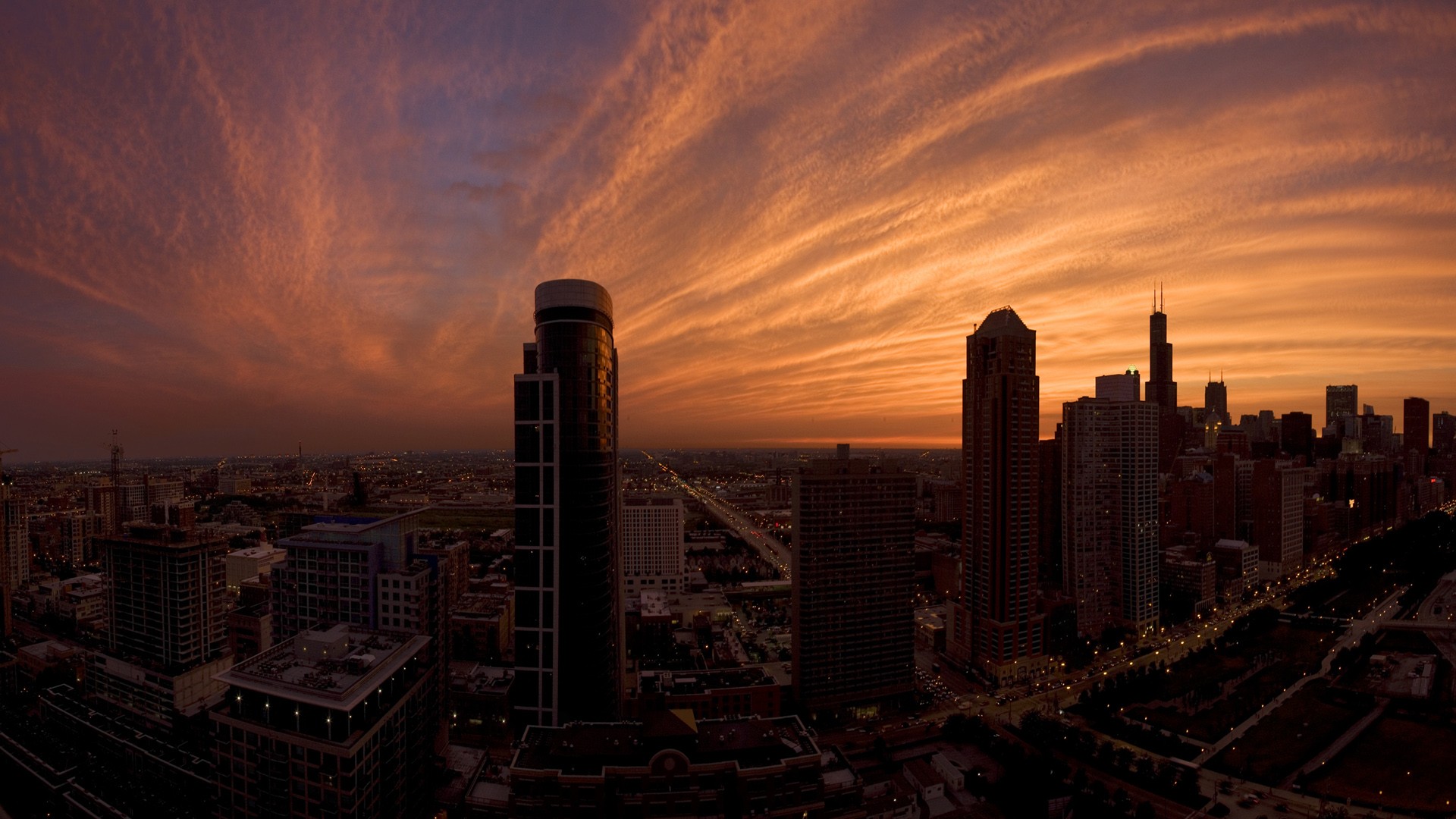 General 1920x1080 cityscape sunset sky city clouds Chicago USA sunlight dark