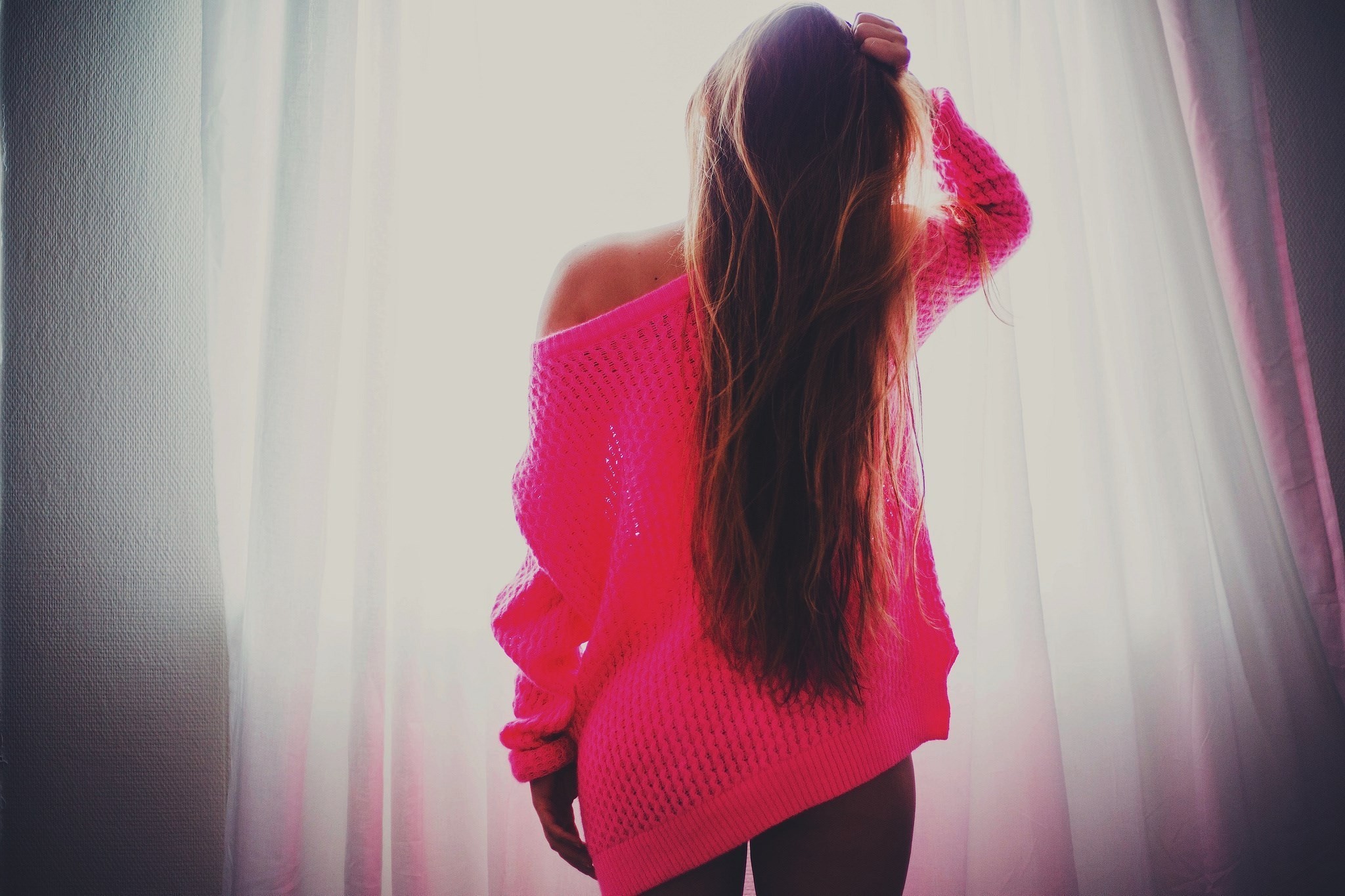 People 2048x1365 women brunette long hair filter pink sweater sweater pink tops women indoors indoors pink clothing standing