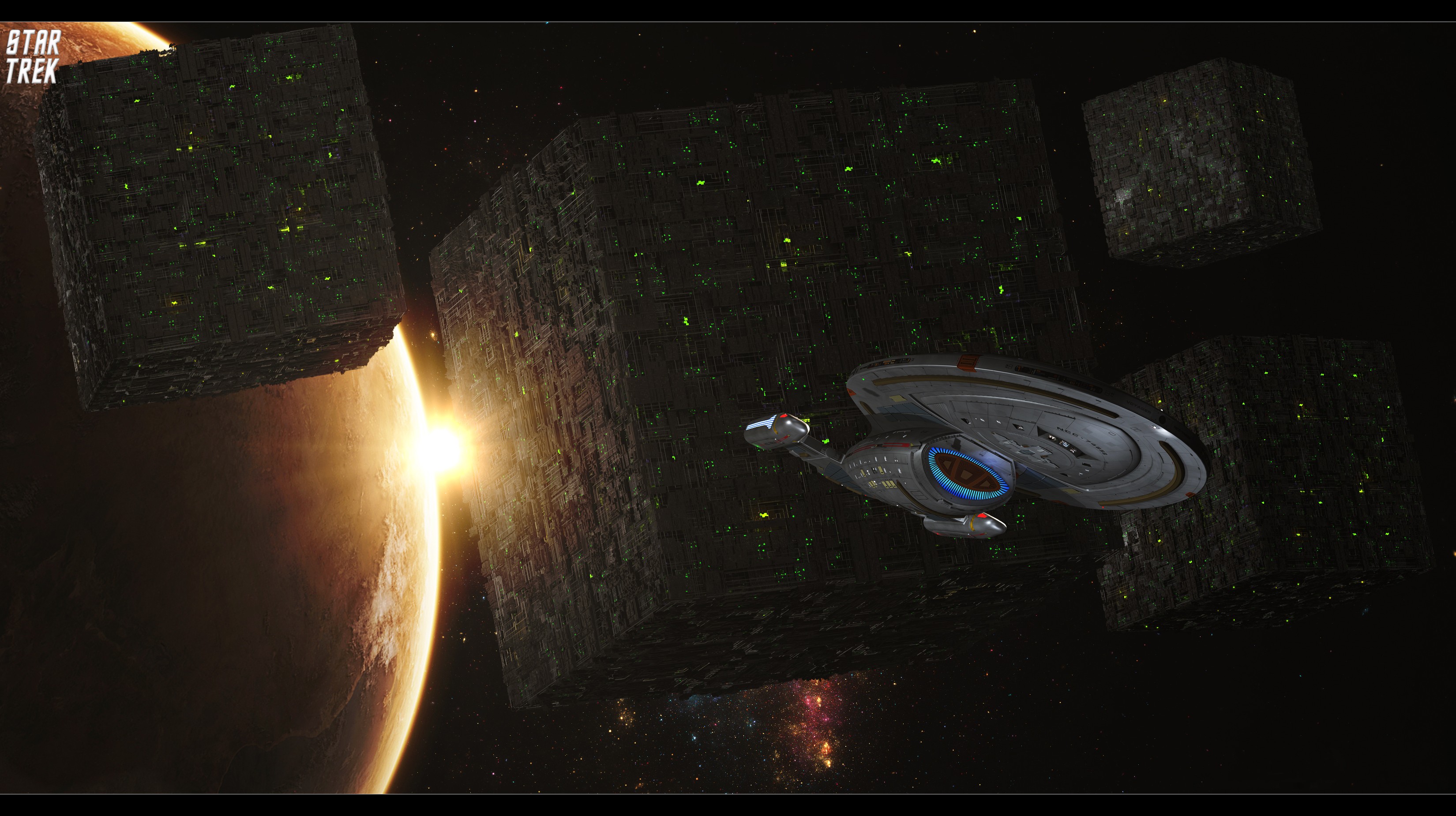 General 3300x1850 Star Trek USS Voyager Borg space science fiction TV series vehicle planet spaceship digital art