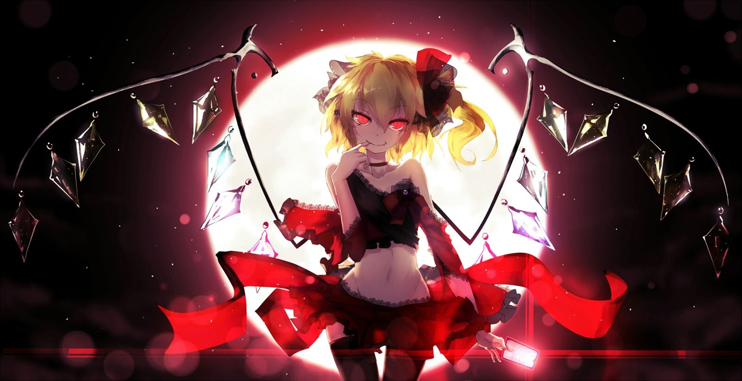 Anime 2491x1280 Touhou Flandre Scarlet anime red eyes blonde belly standing smiling