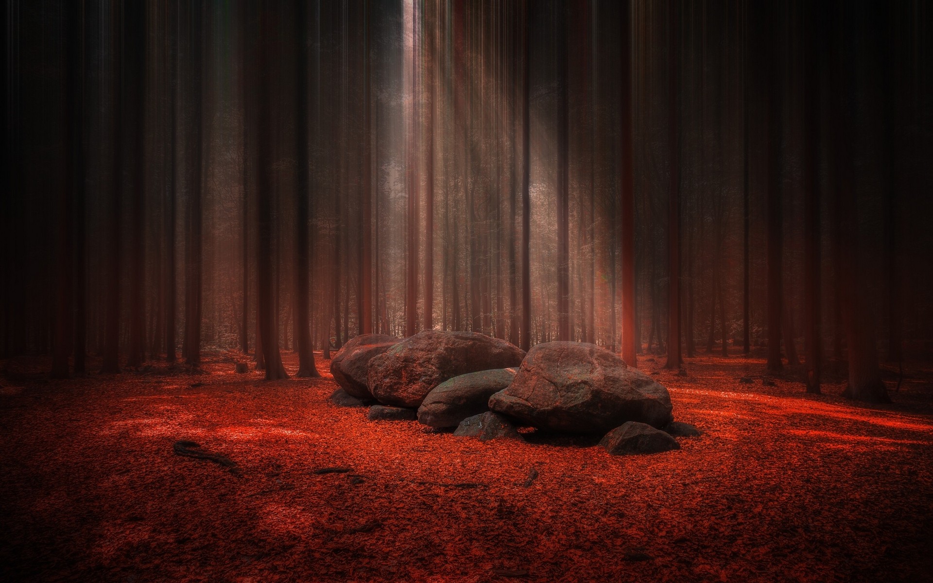 General 1920x1200 nature landscape sunlight forest stones trees leaves red fall mist sun rays tomb atmosphere path