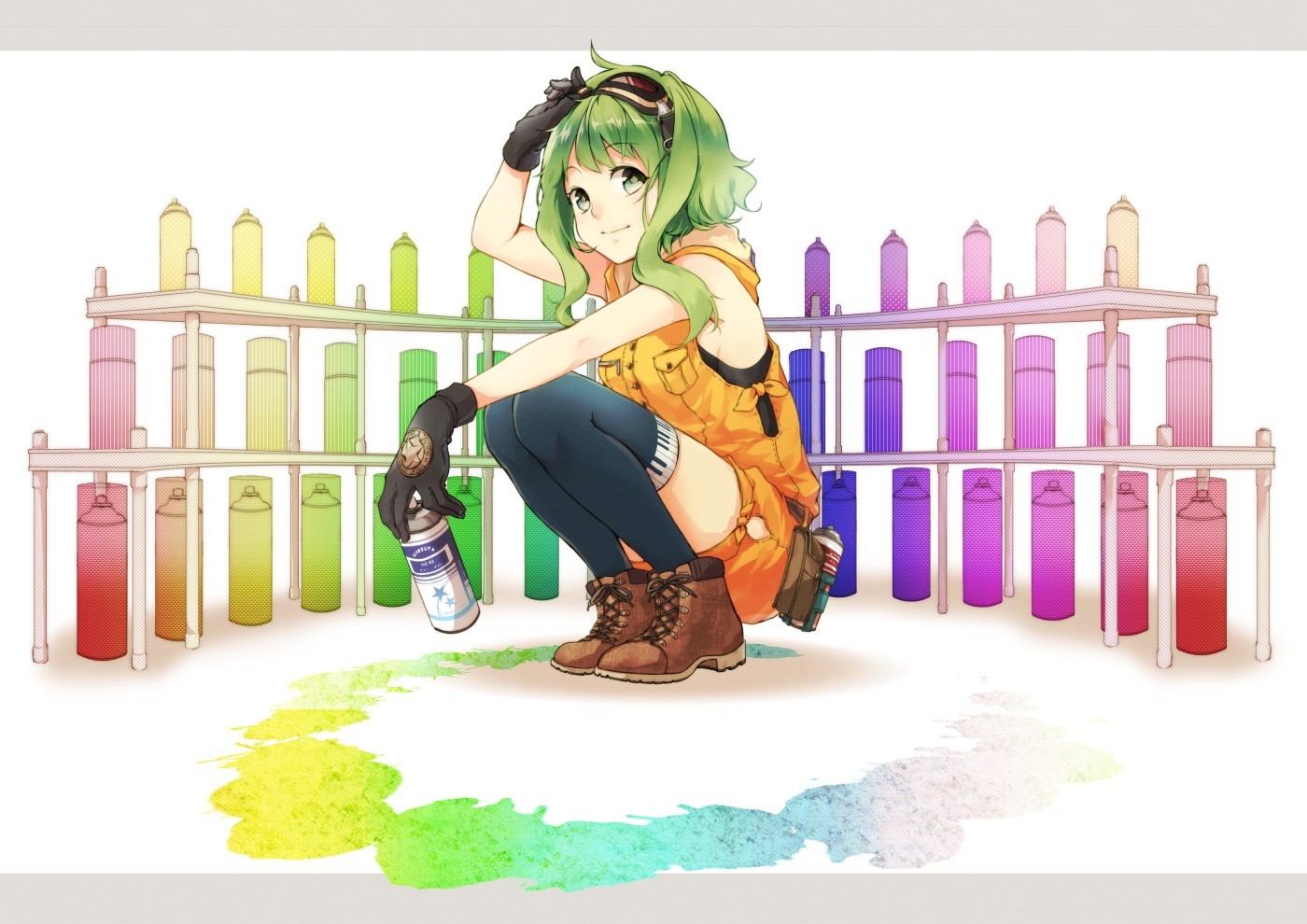 General 1400x990 Megpoid Gumi anime girls colorful green hair squatting anime stockings boots simple background white background gloves smiling green eyes