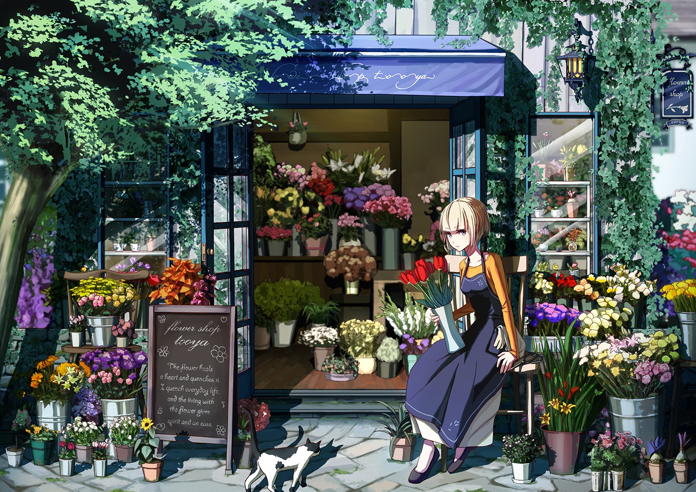 Anime 1415x1000 anime anime girls apron flowers colorful stores plants sitting blonde