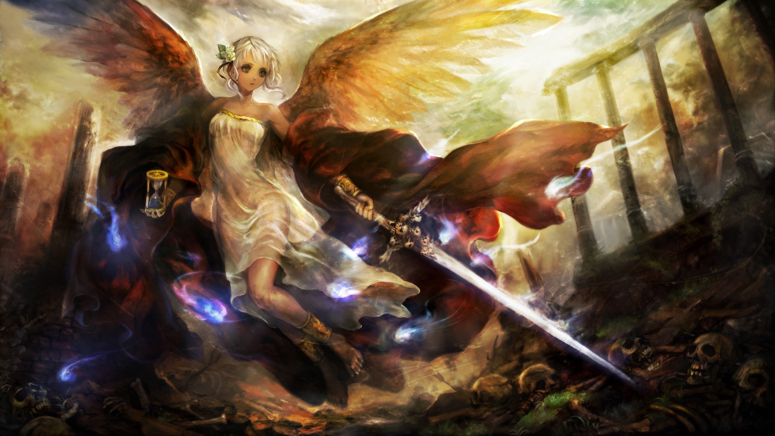 Anime 2560x1440 angel artwork fantasy girl fantasy art sword anime girls anime women with swords wings hourglasses weapon