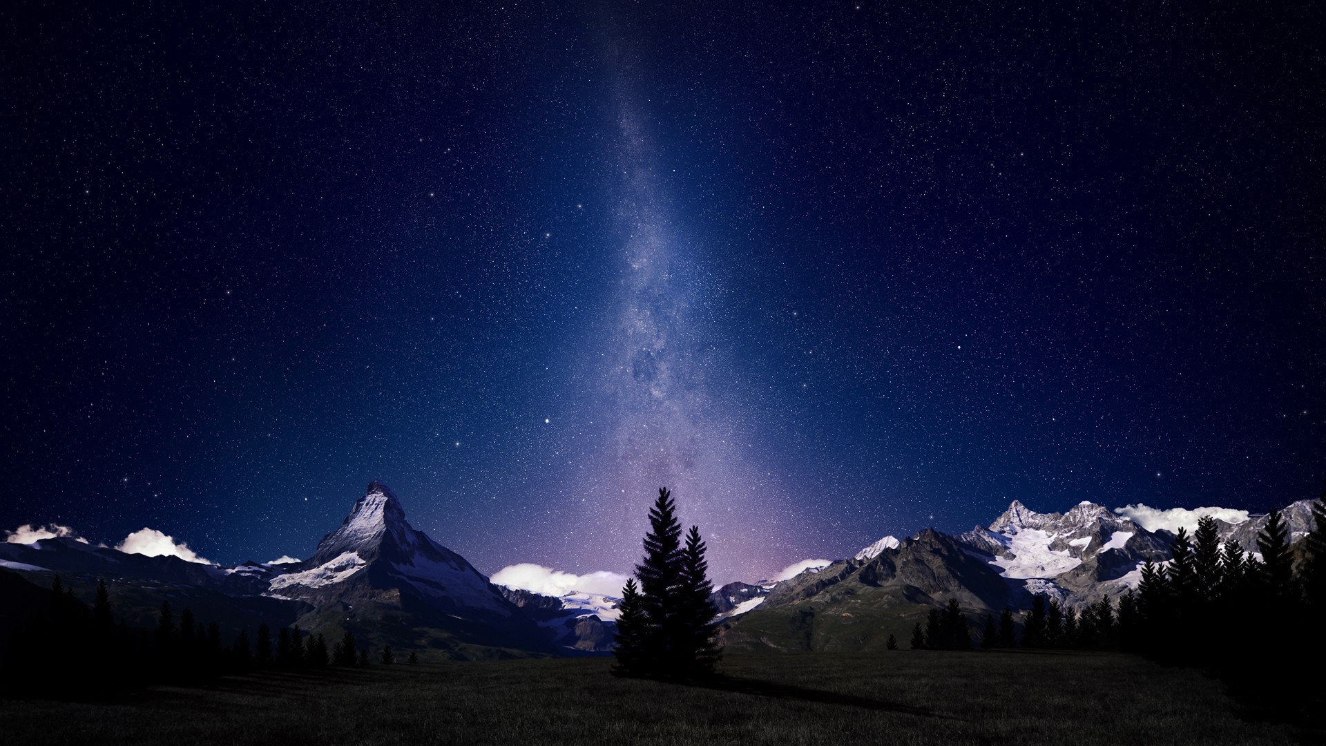 General 1920x1080 starry night forest mountains galaxy stars trees sky Milky Way space landscape night Swiss Alps space art blue Matterhorn