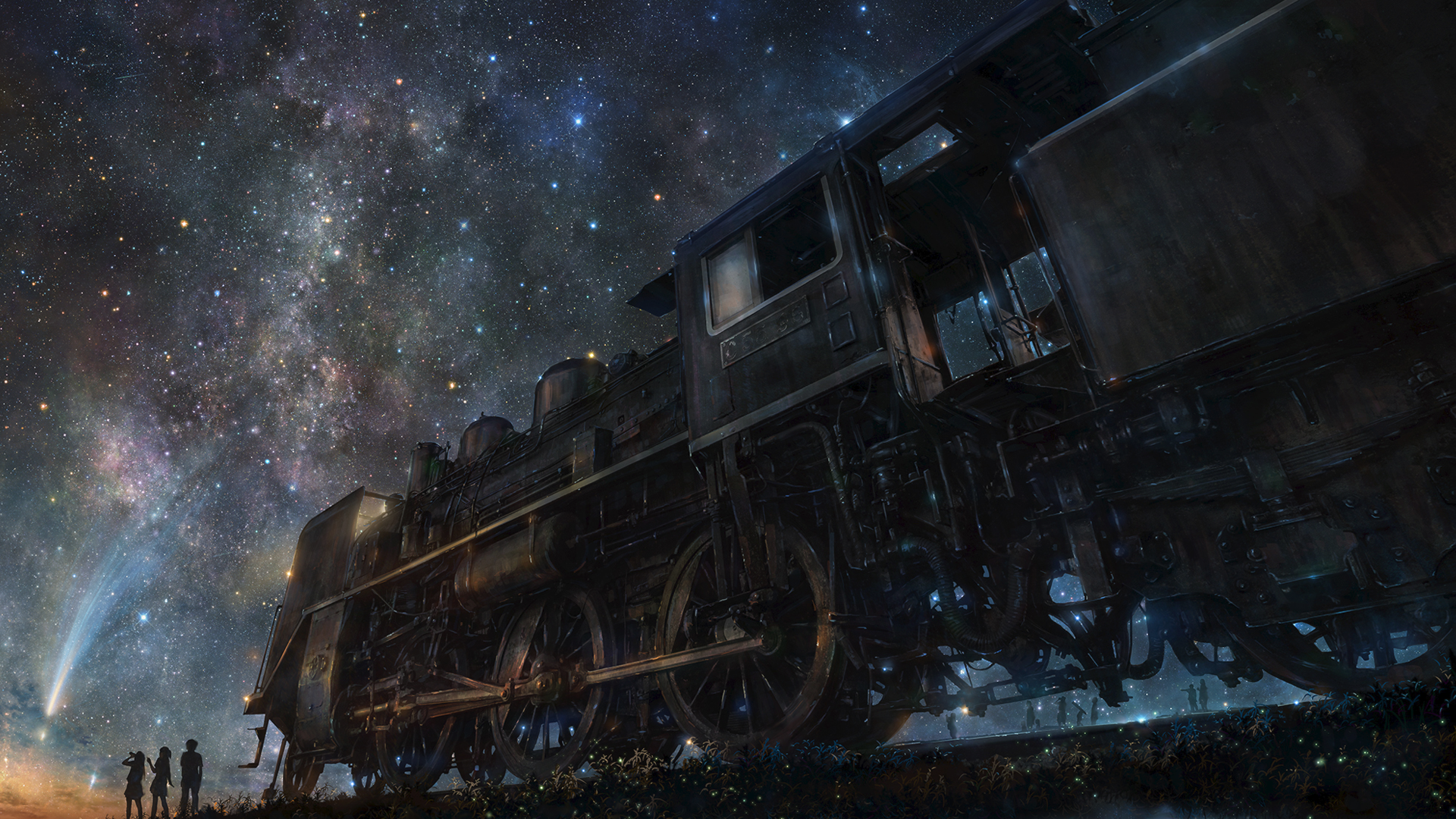 Anime 1920x1080 train vehicle night stars anime sky starry night Pixiv