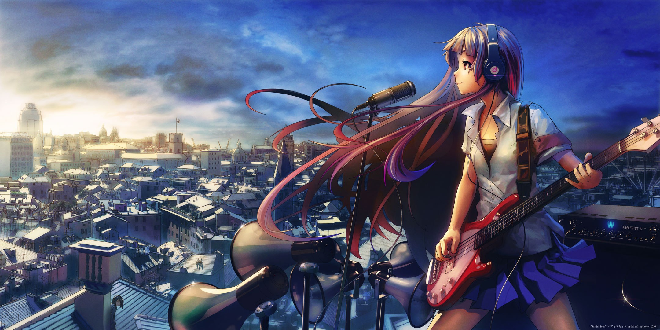 Anime 2160x1080 anime anime girls headphones K-ON! Akiyama Mio cityscape guitar music Izechou musical instrument long hair miniskirt sky rooftops 2010 (Year) rooftopping