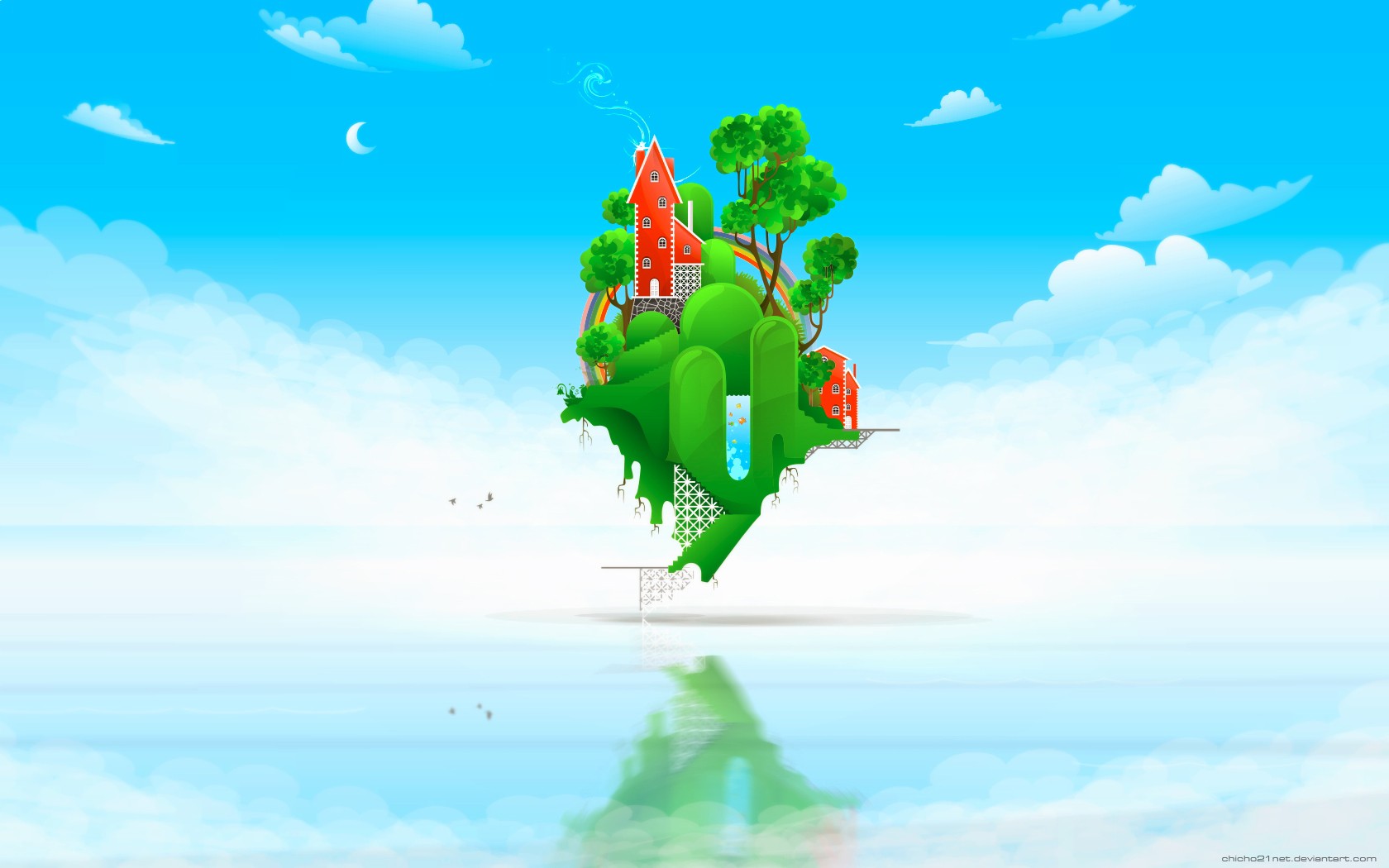 General 1680x1050 digital art artwork trees sky reflection nature house clouds