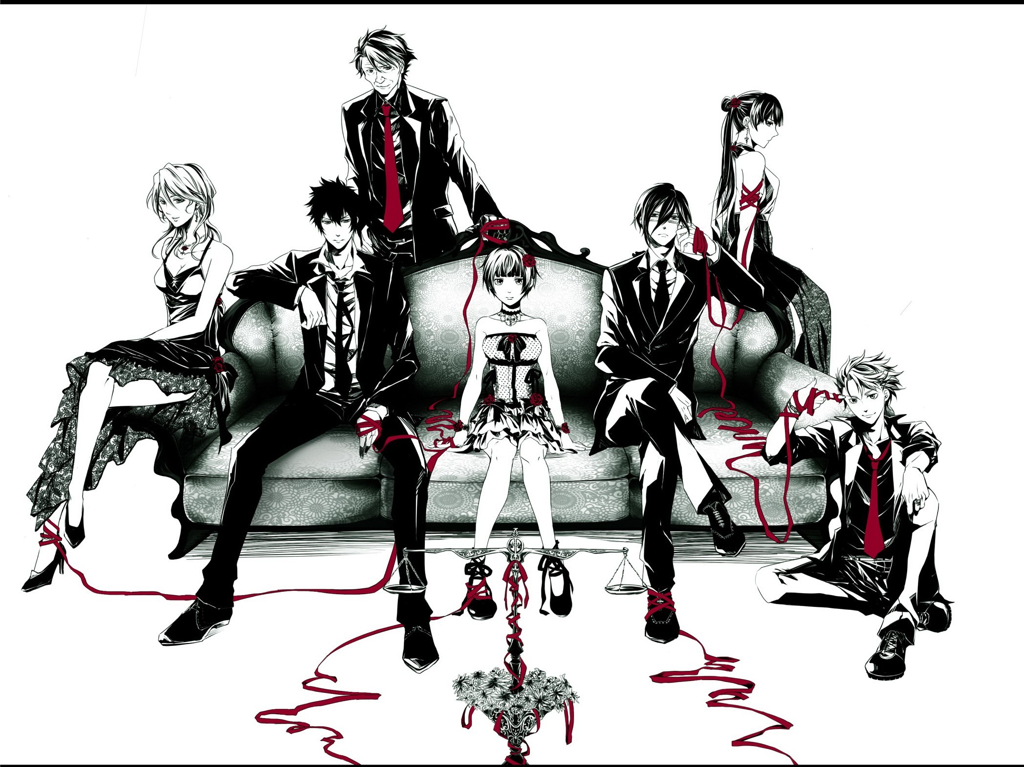 General 2095x1571 Psycho-Pass anime Tsunemori Akane selective coloring couch sitting anime boys anime girls tie suits white background simple background