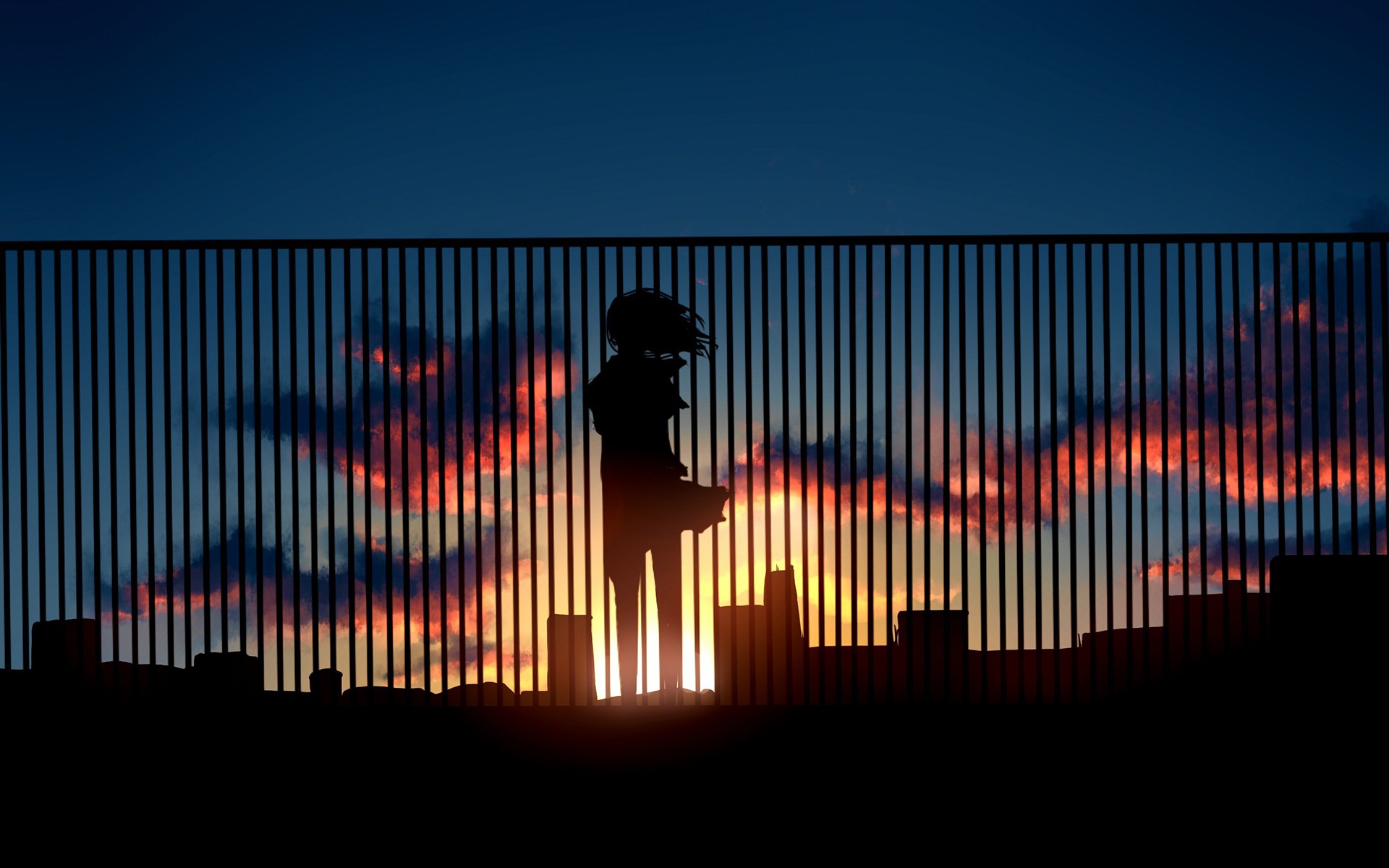 Anime 1920x1200 anime dark sky sunlight fence anime girls city silhouette