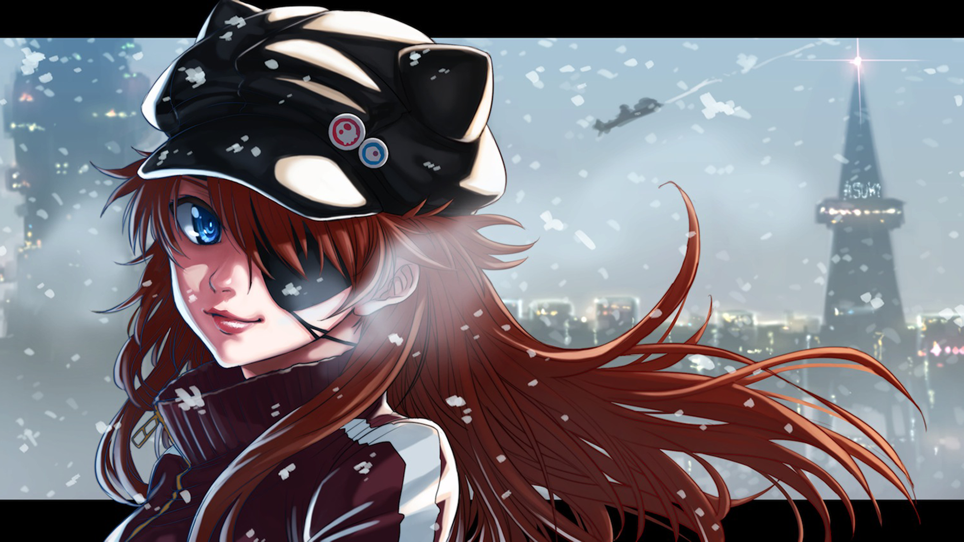 Anime 1920x1080 Neon Genesis Evangelion Asuka Langley Soryu anime girls eyepatches redhead long hair blue eyes looking at viewer snow winter cold hat women with hats