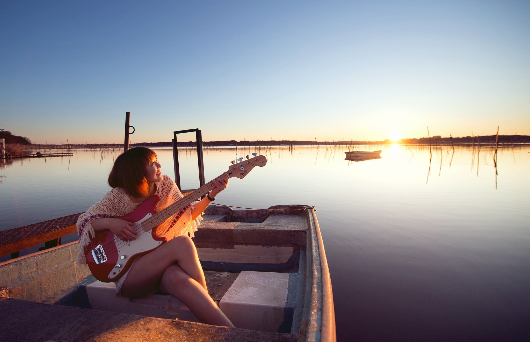 People 2047x1321 Asian women bass guitars musical instrument legs crossed sunlight sky smiling happy model women outdoors outdoors water calm waters