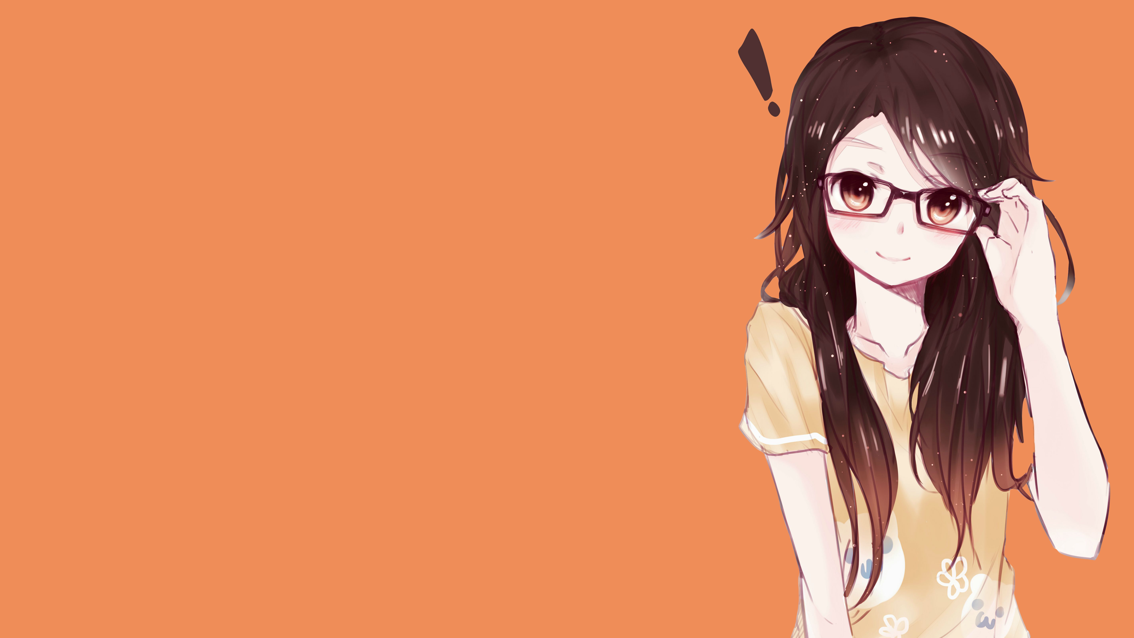 Anime 3840x2160 anime anime girls glasses smiling women with glasses brunette orange background simple background long hair looking at viewer