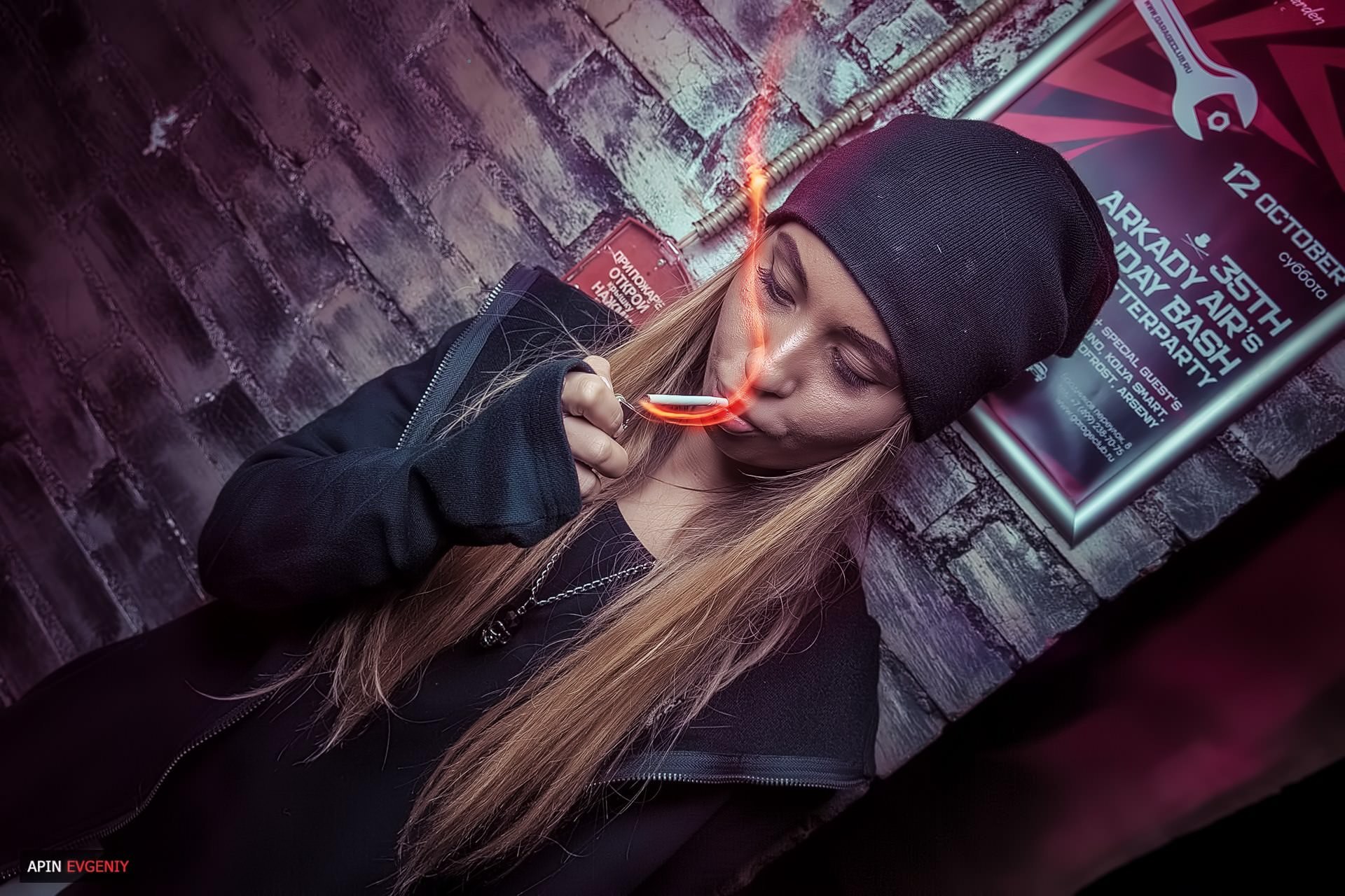 People 1920x1280 women model blonde smoking cigarettes Evgeny Apin hat women with hats women indoors indoors long hair black clothing