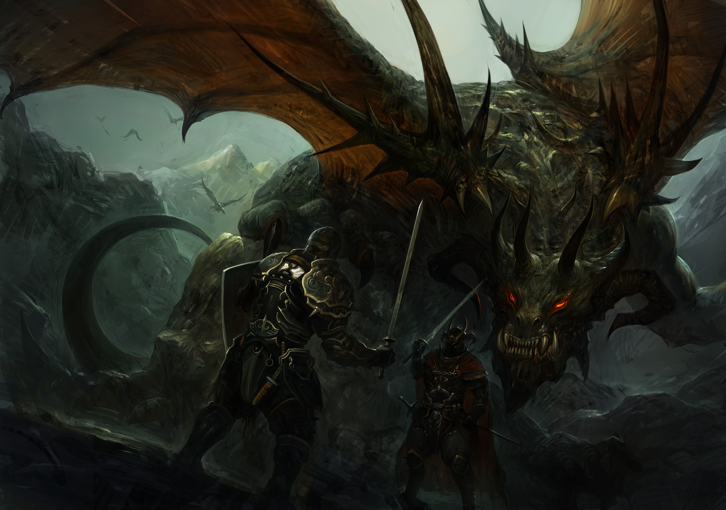 General 2363x1661 fantasy art dragon knight creature armor sword red eyes glowing eyes wings fantasy men