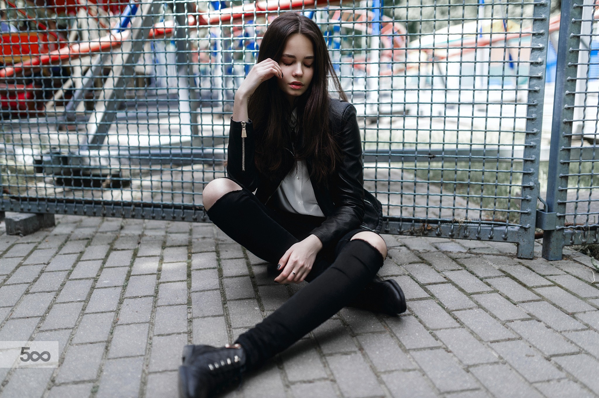 People 2048x1363 women sitting black stockings closed eyes leather jacket brunette painted nails black nails women outdoors makeup fence model
