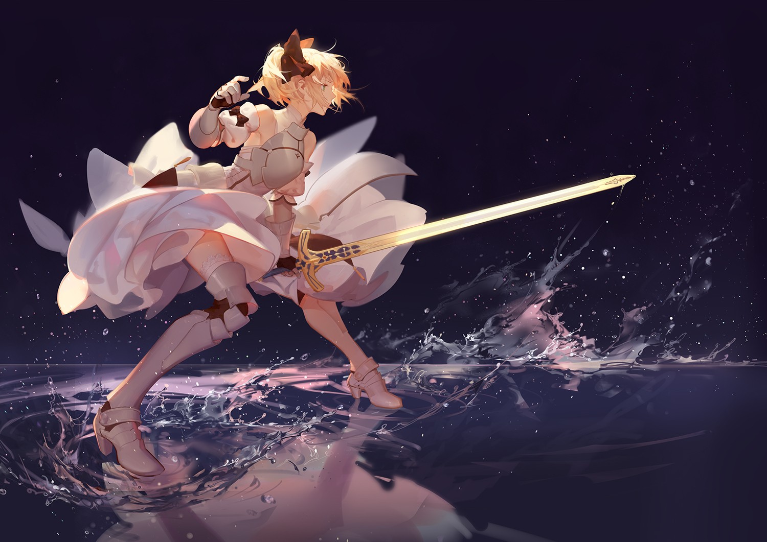 Anime 1500x1061 anime girls anime sword Fate series Saber Lily Saber ASK (artist) Pixiv fantasy art fantasy girl women with swords weapon dress reflection