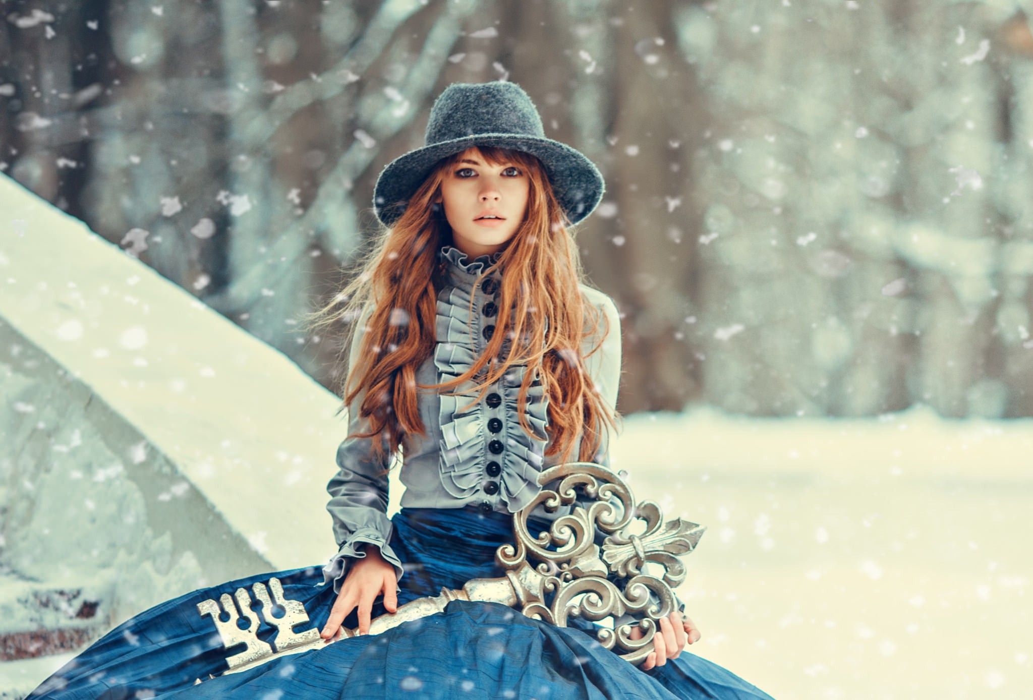 People 2048x1388 women Anastasia Scheglova snow sitting hat frontal view Russian women fantasy girl women with hats snowflakes outdoors women outdoors Russian model cold winter looking at viewer